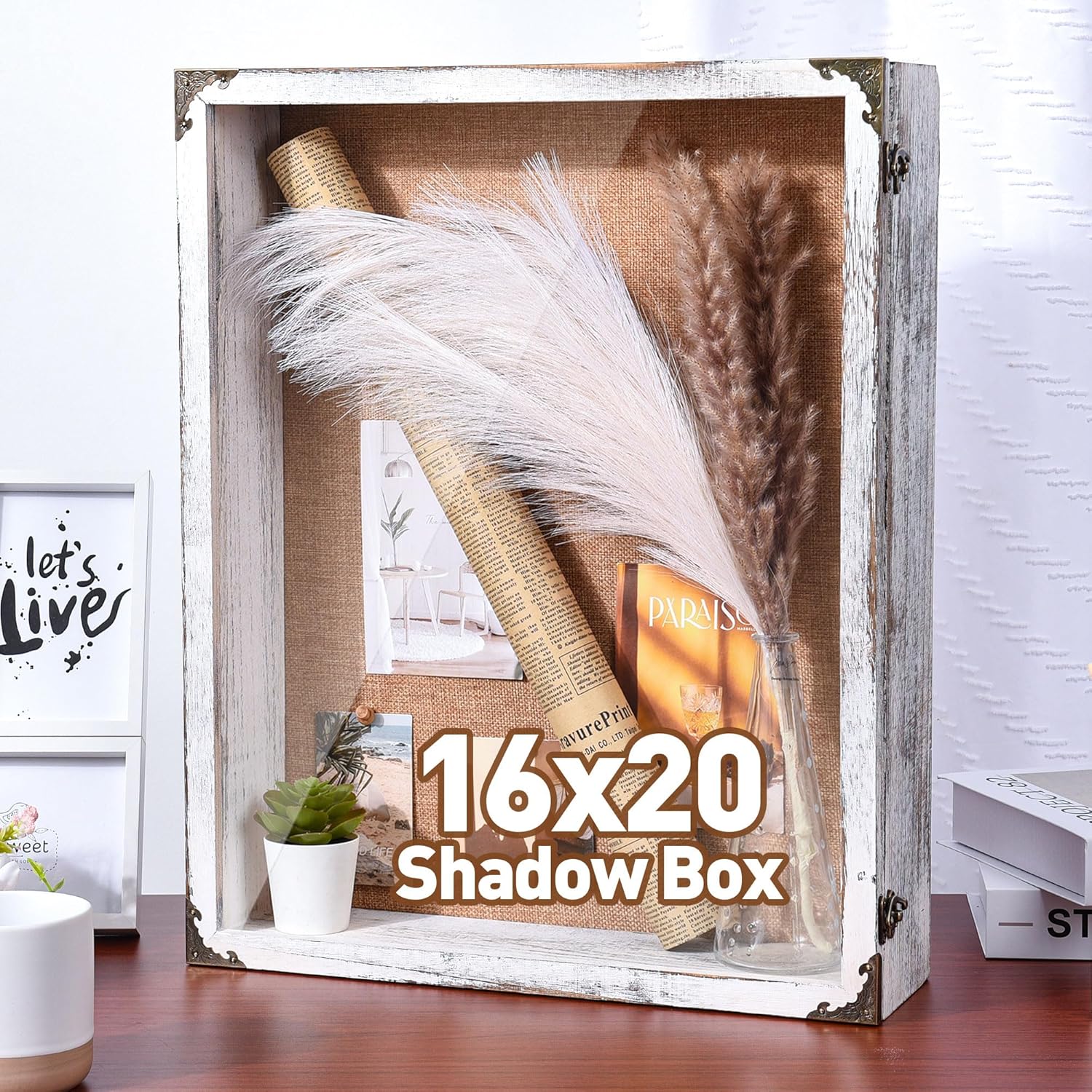 16x20x4.7 Large Shadow Box Frame,Tempered Glass Front,3.5 Inch Interior Depth Display Case,Thickened Linen Back,Rustic Wall-Mount Memory Box for Graduation, Wedding, Flowers,Photos, Keepsakes
