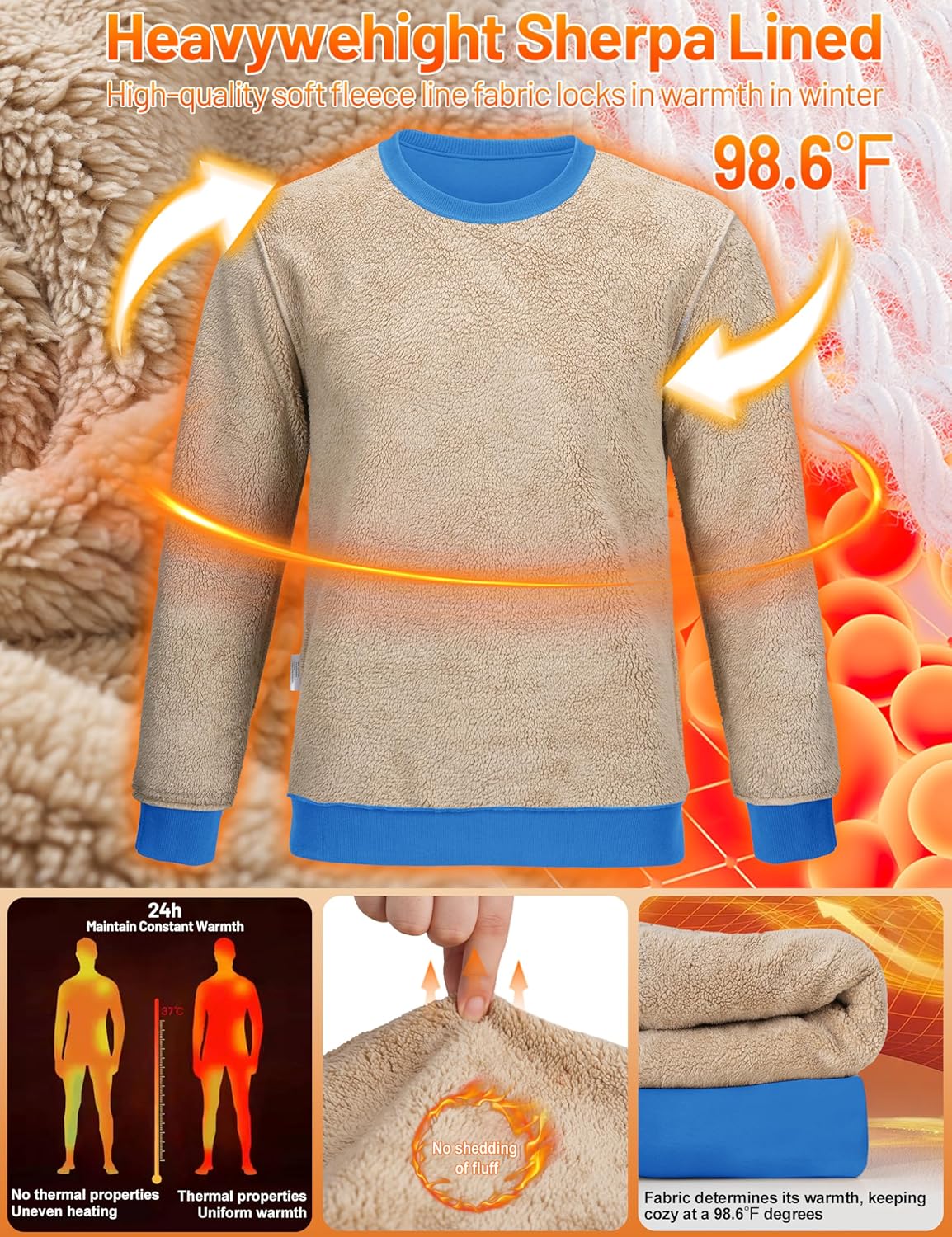 TACVASEN Men's Crewneck Sweatshirt Warm Sherpa Lined Thermal Sweatshirts Heavyweight Long Sleeve Winter Fleece Pullover Shirt - Image 3