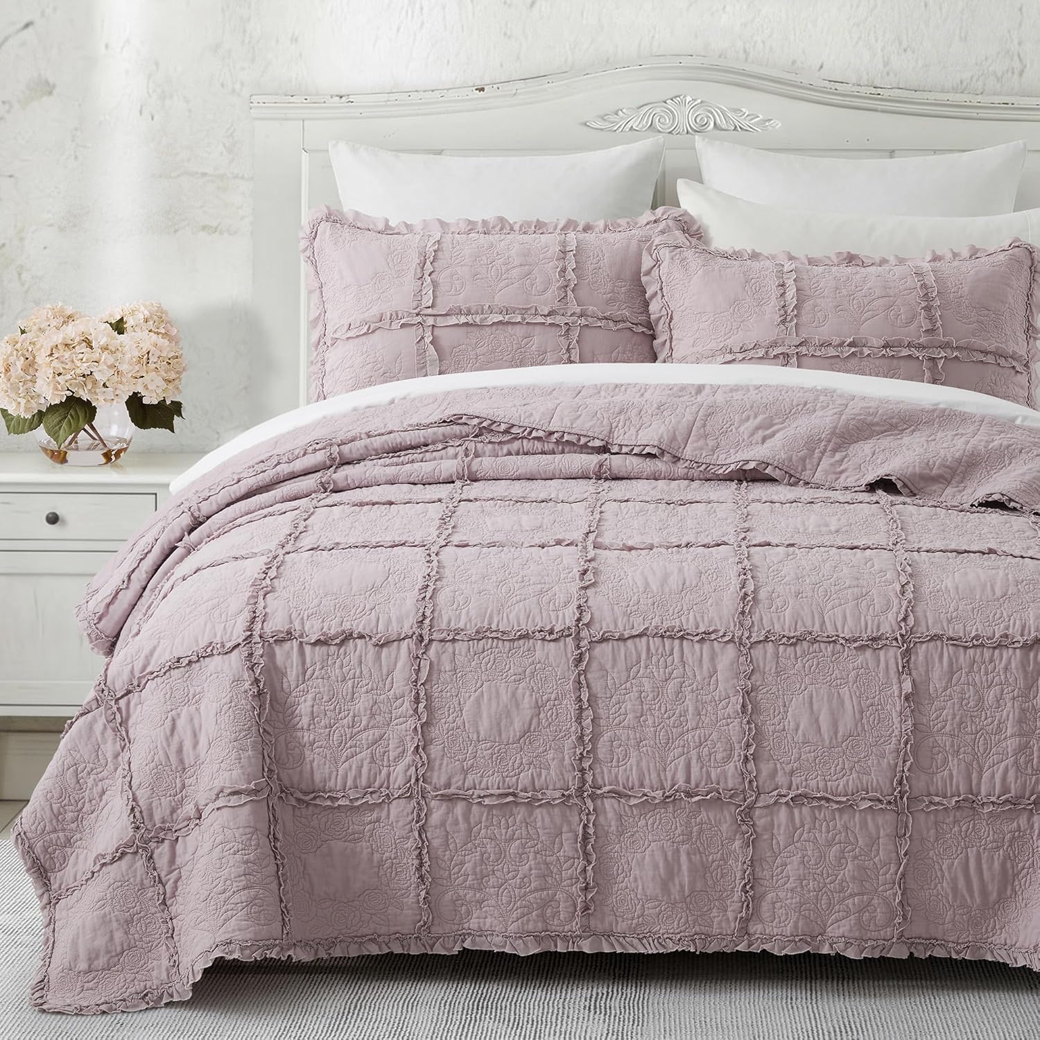 HORIMOTE HOME 100% Cotton Ruffle Quilt Set King Size, Mauve Farmhouse Shabby Chic Bedspread Coverlet, Prewashed Lightweight Soft Breathable Cotton Quilt Bedding Set with 2 Pillowshams for All Season