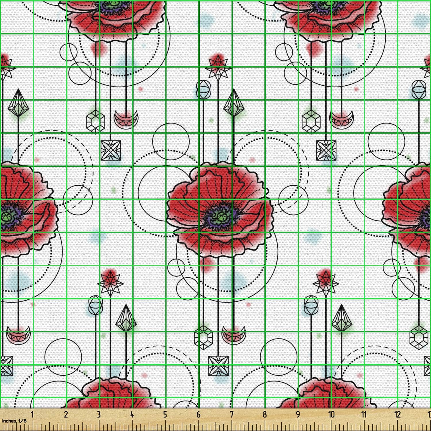 Ambesonne Tattoo Fabric by The Yard, Red Poppy Flowers with Geometric Details Arrows and Circles Watercolor Boho Fashion, Decorative Fabric for Upholstery and Home Accents, 2 Yards, Multicolor