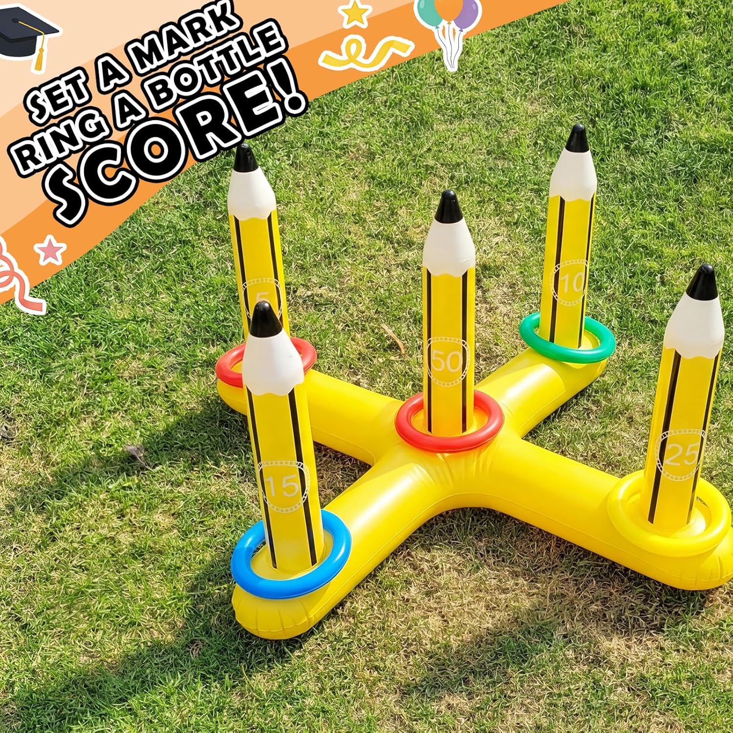 Skylety 3 ft Inflatable Pencil Ring Toss Game with 5 Colorful Rings Pool Ring Toss Toys for Family Summer Pool Birthday Party Inflatable Games Giant Outdoor Lawn & Yard