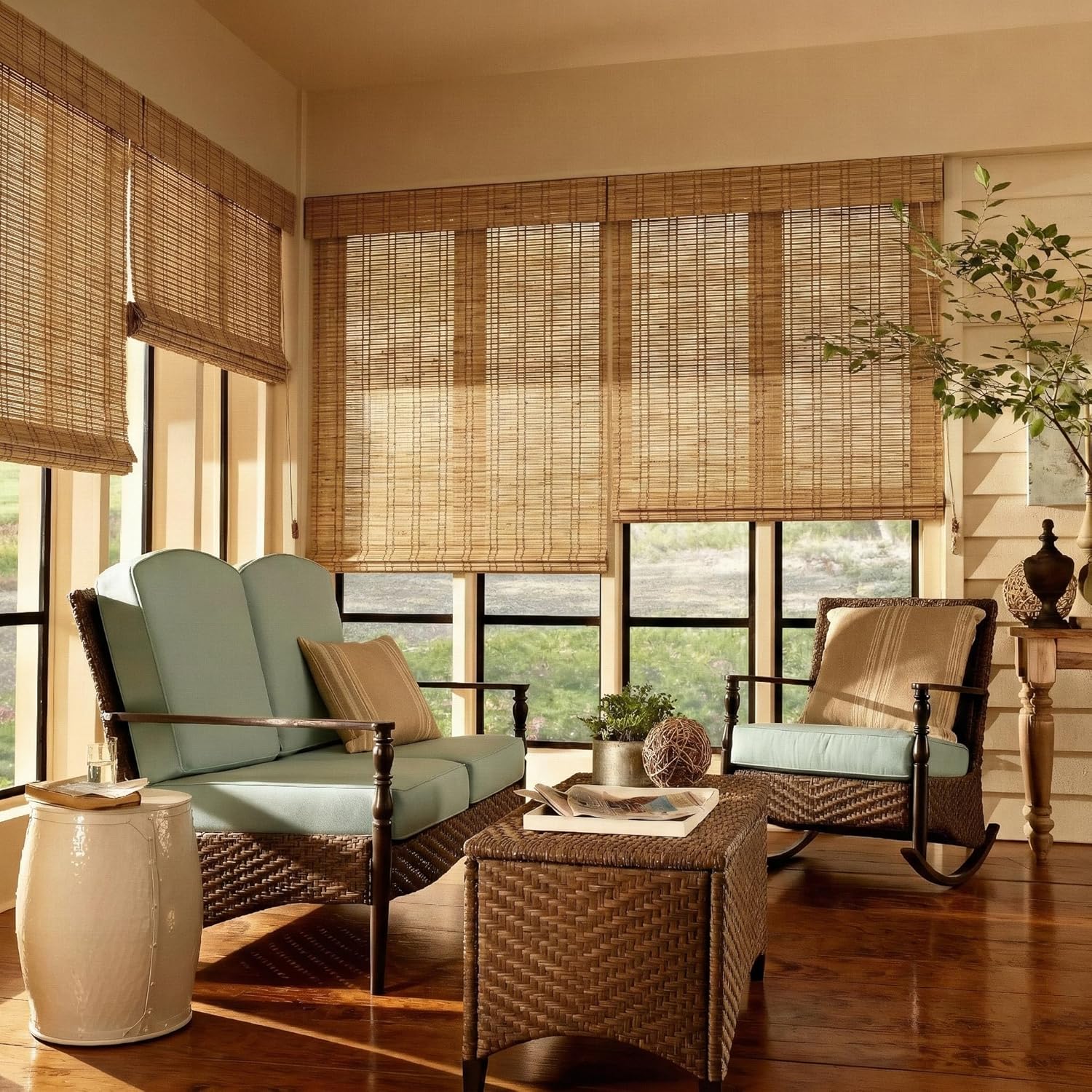 Light Filtering Bamboo Roman Shades Cordless Bamboo Shades for Windows Natural Window Blinds for Garden, Pergola, Patio, Porch. Natural, 61" Width x 52" H