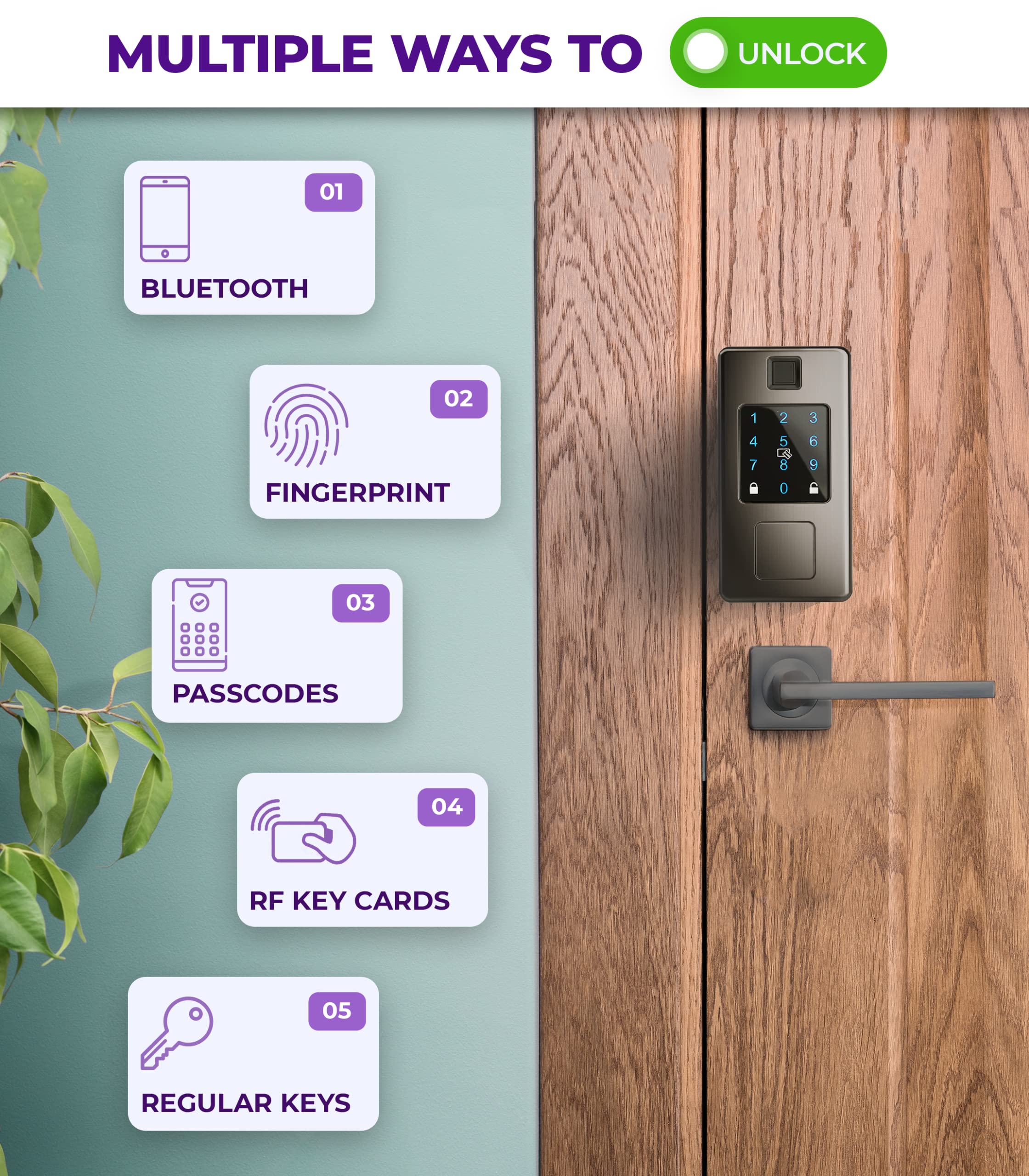 ROOK 5in1 Smart Lock Use Fingerprint, Keypad, App, RF Key Cards, or