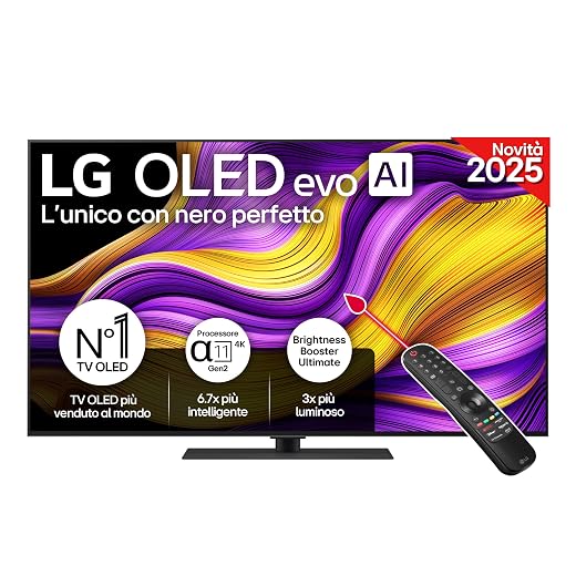 LG OLED evo AI G5 TV 55 pollici, Smart TV 4K, Base da appoggio inclusa, Processore α11 Gen2, Brightness Booster Ultimate, webOS con AI, Dolby Vision e Atmos, VRR e GSYNC 4K@165Hz, OLED55G56LS 2025