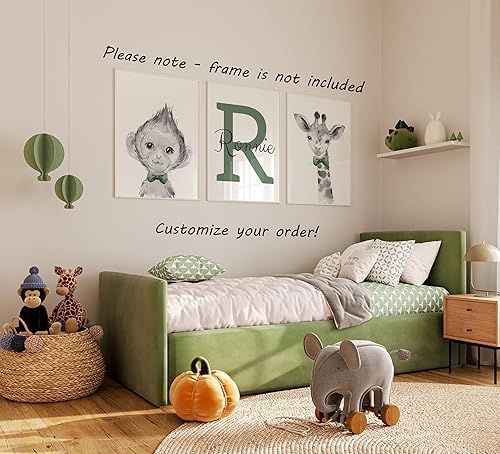 Miniatura 3 de Juego de 3 pósteres de animales de safari para niños, habitación del bebé, sin marco, con nombre personalizado, corbatín azul, verde, amarillo,