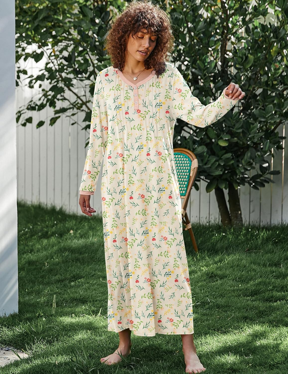 Ekouaer Women's Long Sleeve Nightgown Full Length Sleepwear Long Sleepshirts Henley Sleep Dress S-4XL - Image 5