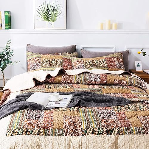 Vista 70 de NEWLAKE Juego de colcha de algodón, juego de colcha reversible de retazos, patrón floral hermoso europeo, tamaño King Beige,Floración clásica