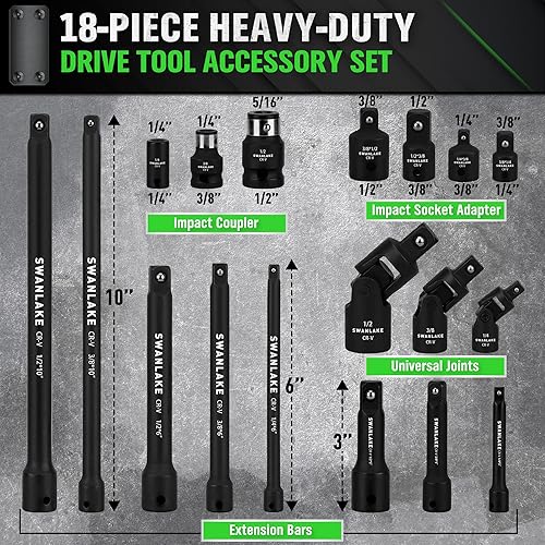 Miniatura 2 de Juego de 18 piezas de herramientas de extensión de dados de impacto, junta universal giratoria, dados profundos de 1/4", 3/8", 1/2", adaptador