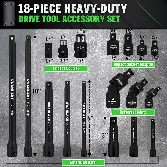 18-piece Impact Socket Extension Set Tools, Swivel Universal Joint, Deep 1/4, 3/8, 1/2 Drive Socket Adapter, Extension Bar, 3 Ratchet Coupler, CR-V Steel Alloy Corrosion-Resistant Mechanic Tools