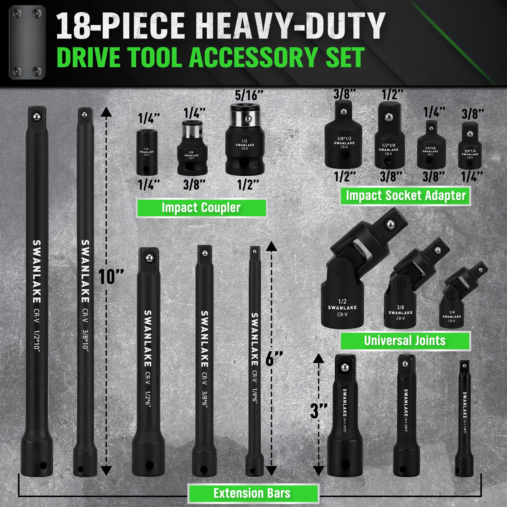 18-piece Impact Socket Extension Set Tools, Swivel Universal Joint, Deep 1/4