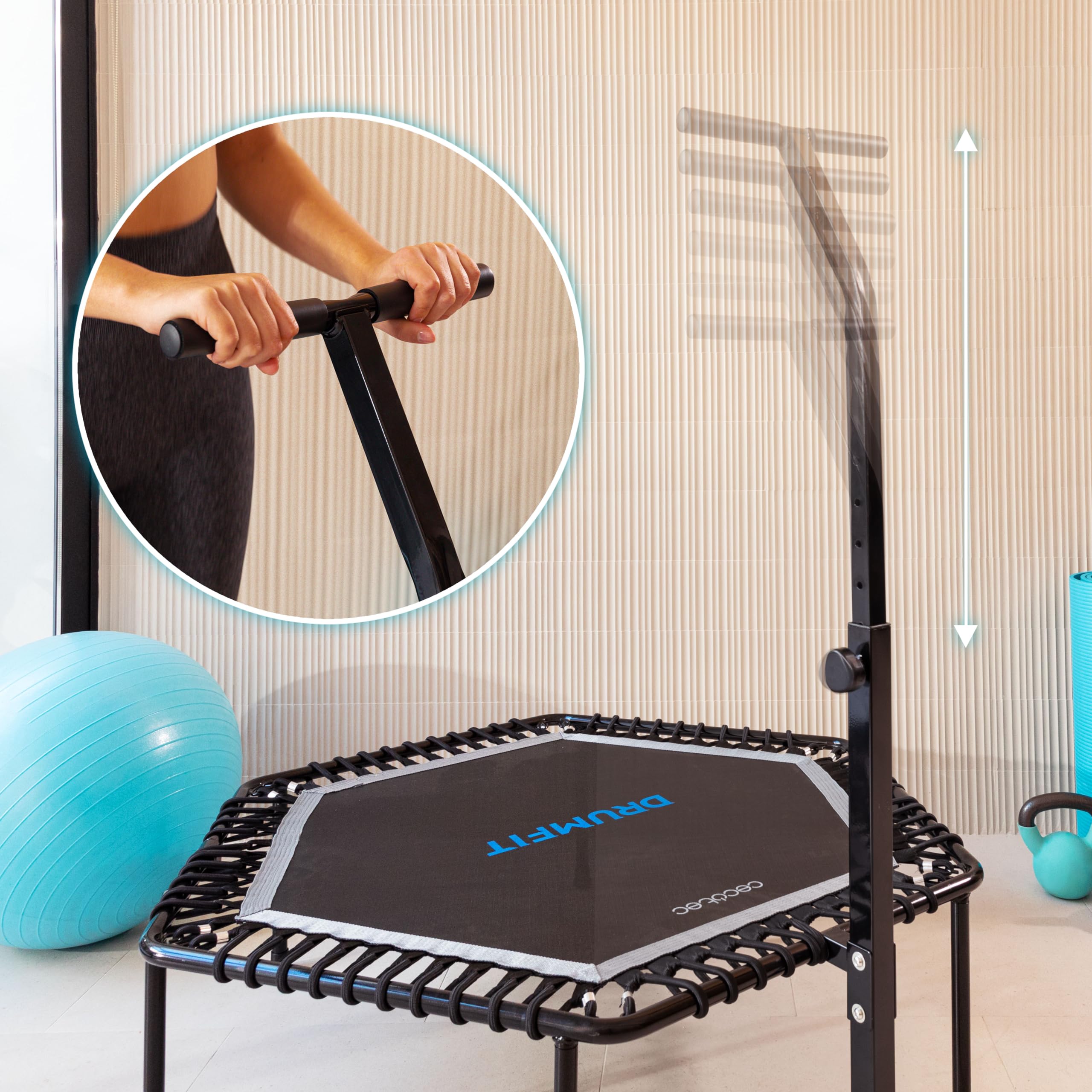 Cecotec Fitness Trampolin für Erwachsene, Ø 92-127 cm, abnehmbar und faltbar, Drumfit Jump. Elastisches Bett mit 92 und 127 cm, Basis von 6-7 Beinen, maximales Gewicht 100 kg