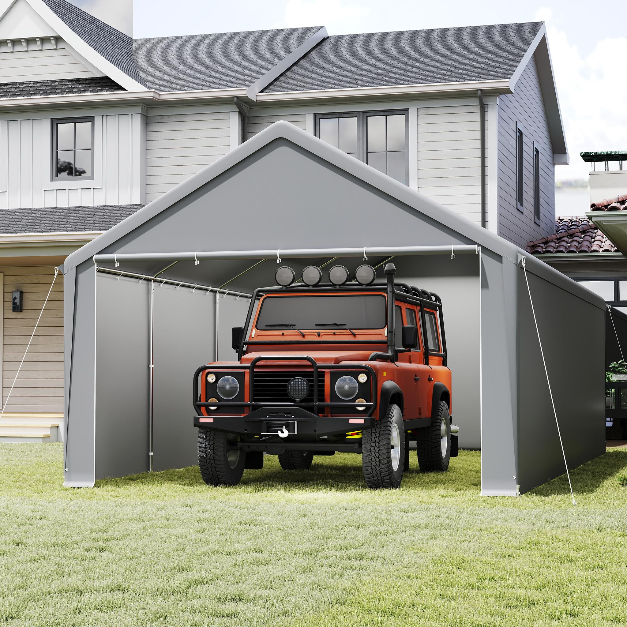 FIVMEN Carport, tente, 4 x 8 m, grande tente de garage, de rangement, avec parois latérales amovibles, résistant à l'hiver, mobile, pour voiture, SUV, camion, gris