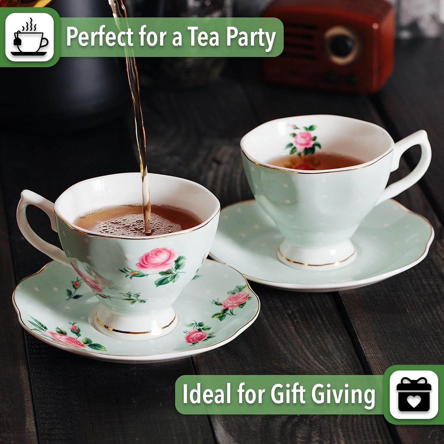 BTaT- Floral Tea Cups and Saucers, Set of 2, 8oz, Coffee Cups with Gold Trim, British Tea Cups - Image 6