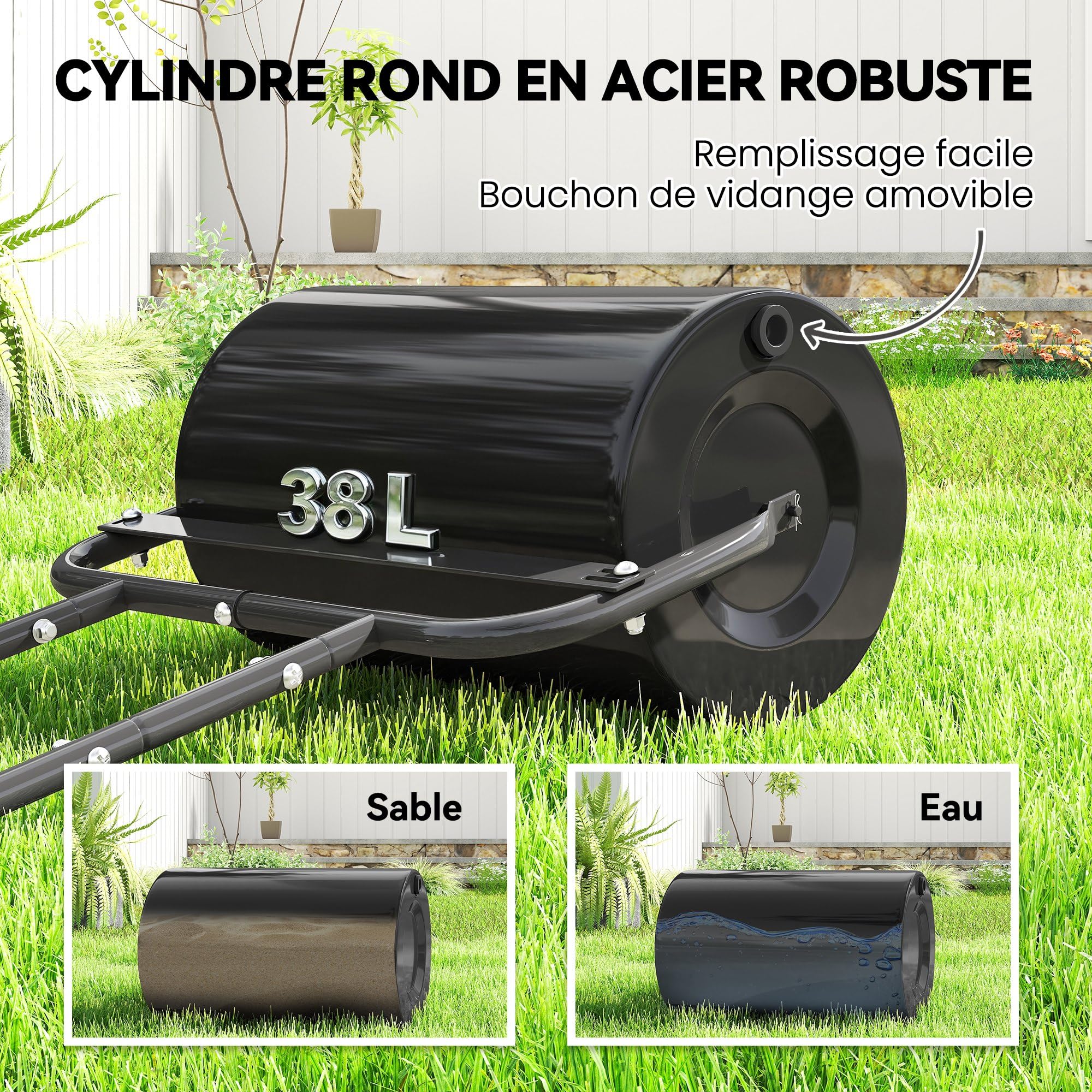 Outsunny Rouleau à Gazon Rouleau de Jardin 50 cm, Remplissage Sable Eau, poignée Ergonomique, Outil de Jardinage pour pelouse, Patio et Parc, Noir