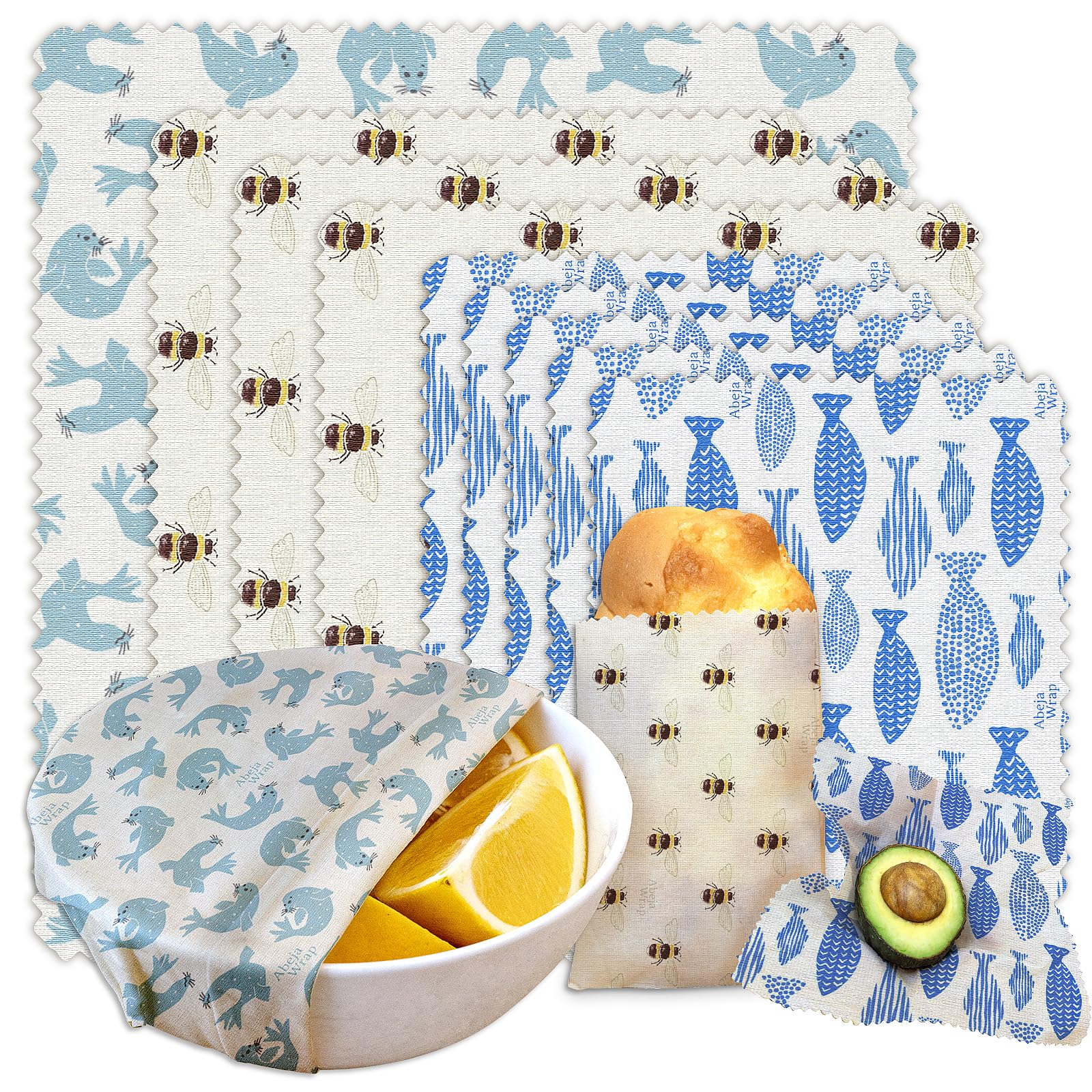 Beeswax Food Wrap 9-Pack (5S 3M 1L), Reusable Beeswax Wraps, Beeswax Wraps Reusable Sustainable Food Storage, Plastic-Free/Seal Bee Fish