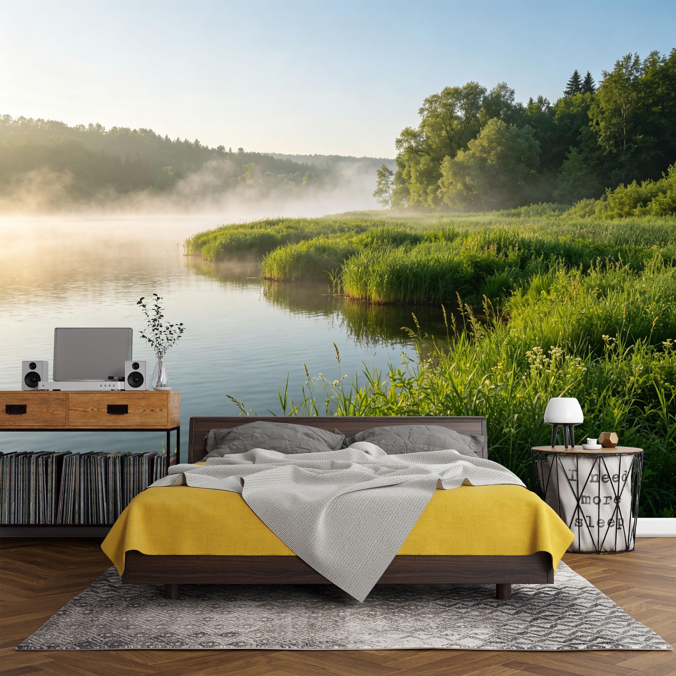 Custom Size Wall Mural， Landscape Morning Lake Mist Forest Reflection Nature Scenery，SelfAdhesive Art Prints wall Fabric (No PVC) Removable Wallpaper Living Room Decor