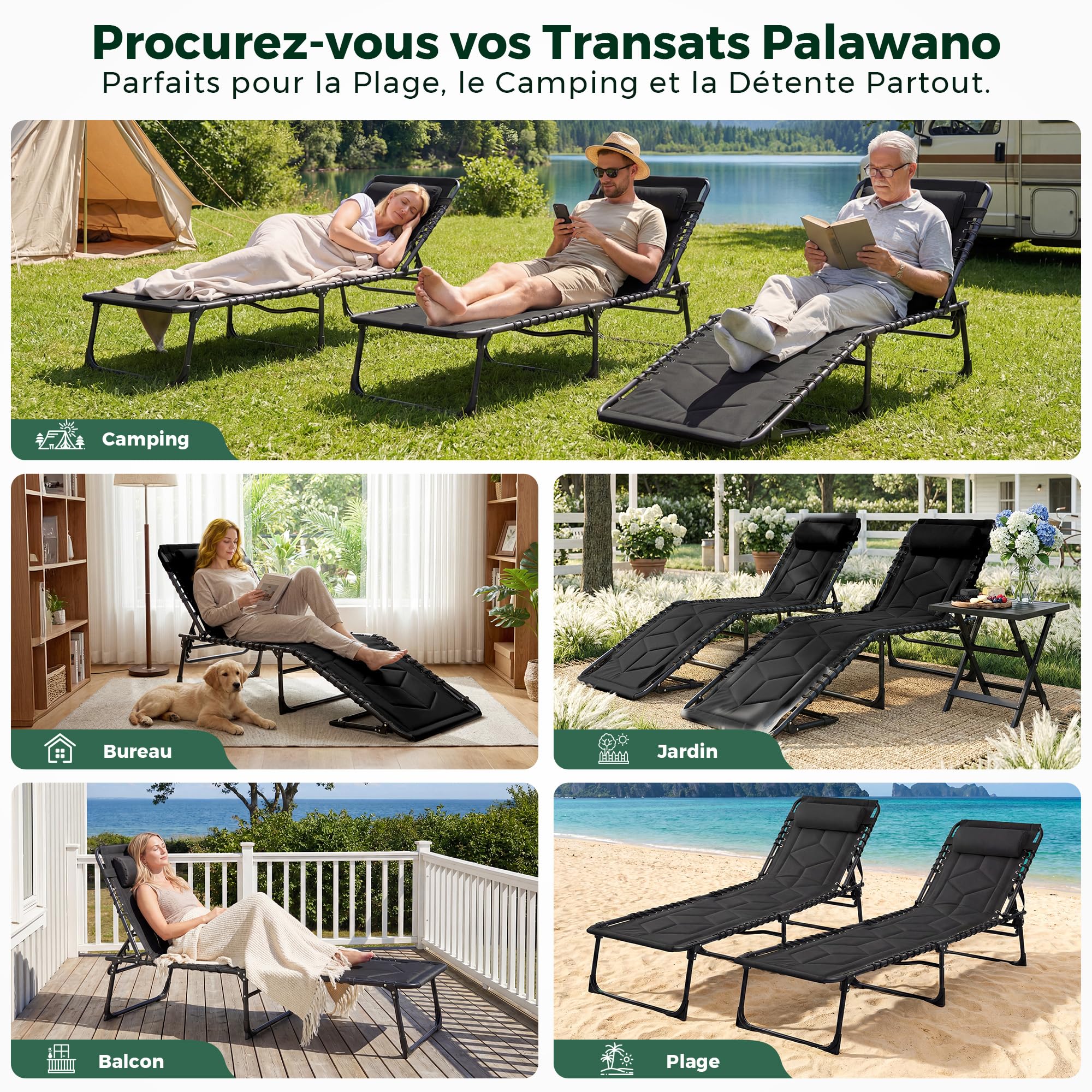 Palawano Transat de Jardin Extérieur Pliable Rembourré 190 × 70cm | Dossier Réglable 5 Positions , Appui-Tête Réglable, Cadre en Acier Supportant 200kg, Toile Oxford 600D ; Plié : 75×55×13cm