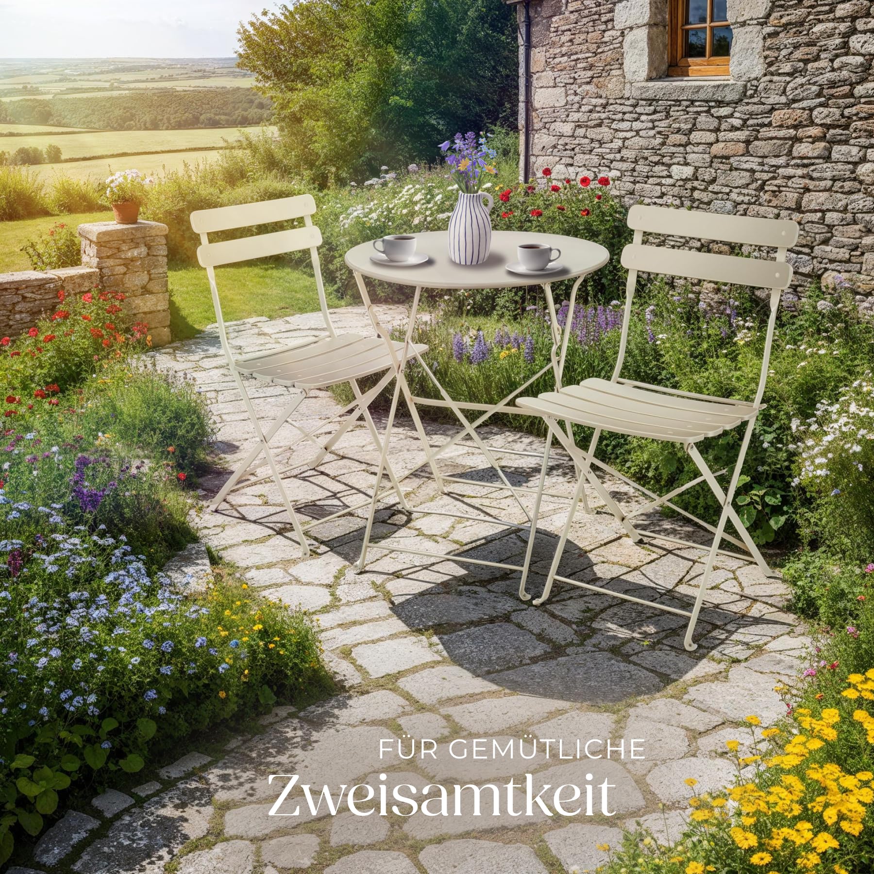 tectake® Gartenmöbel Bistro Set aus Gartentisch mit Stühlen, Balkonmöbel Kleiner Balkon, Klapptisch mit 2X Gartenstuhl, Outdoor Sitzgruppe mit Balkontisch, wetterfest für Garten, Balkon (Creme)