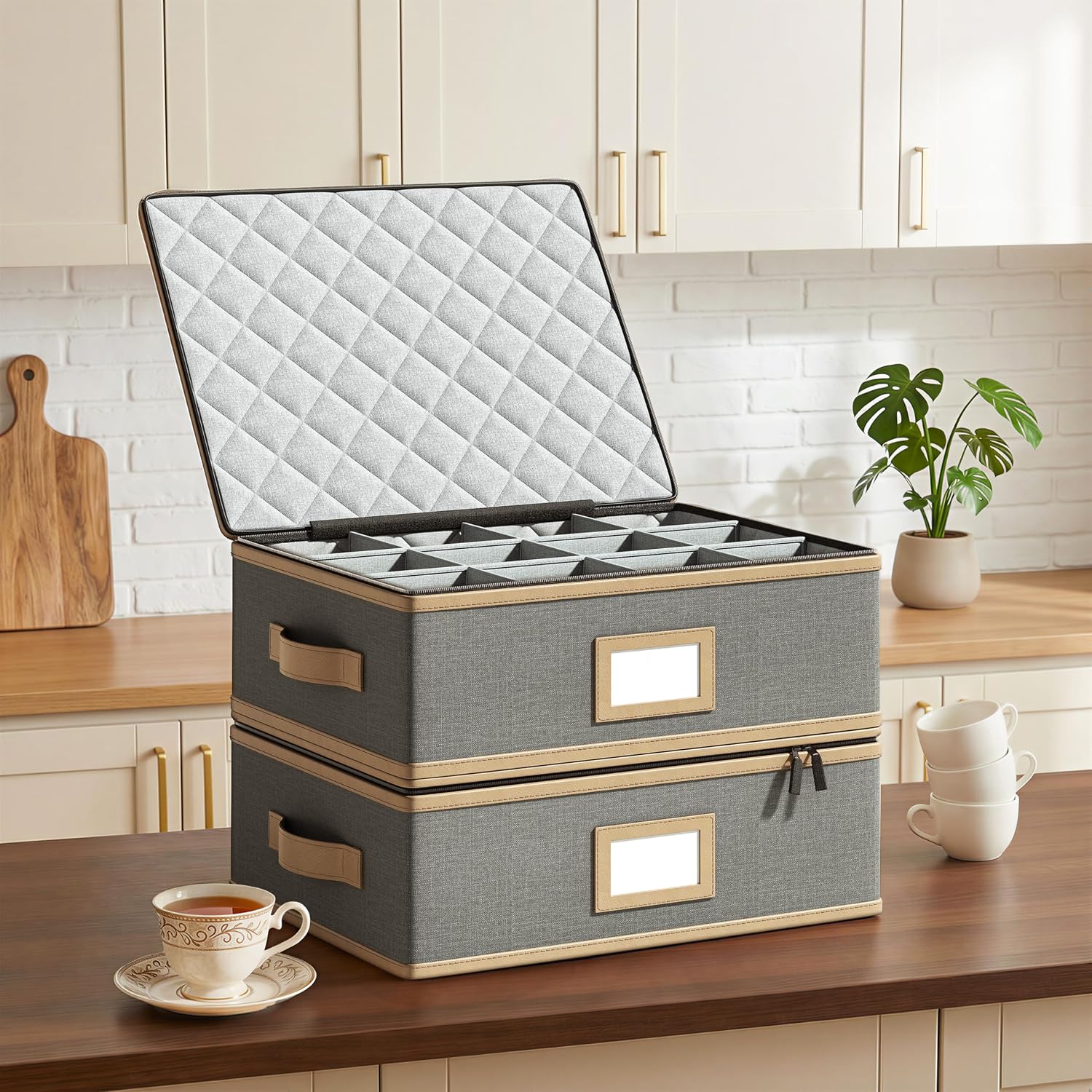 Mug Storage Box, Hard Shell China Organizer with Dividers, Gray, 2 Pack