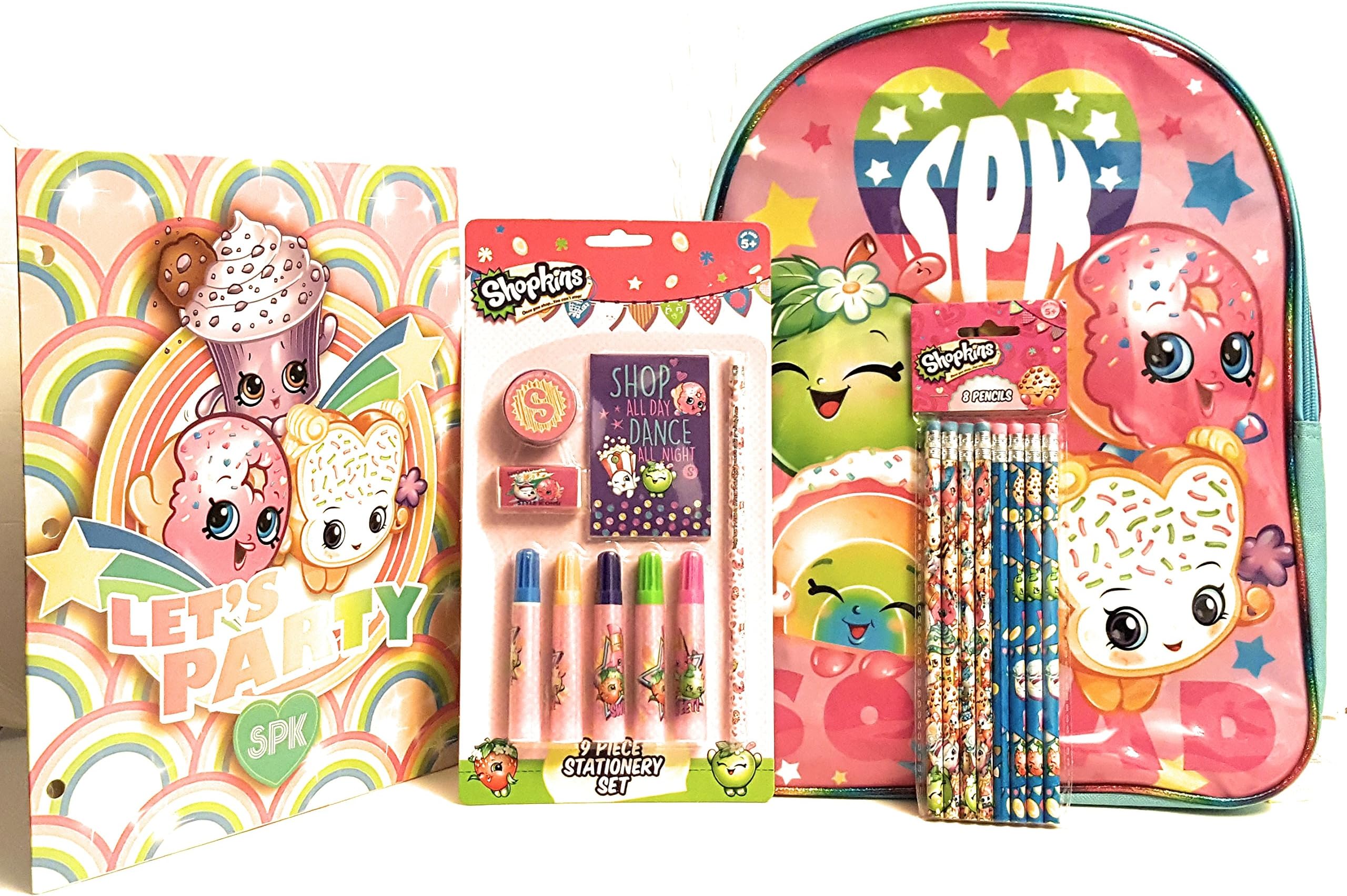 Shopkins Back to School Bundle of Four Items - Includes: One Large Backpack, One Shopkins portfolio folder, One stationary set, and One pack of Pencils