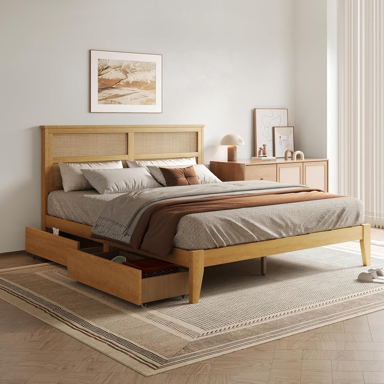DEINPPA King Bed Frame Solid Rubber Wood Platform Bed with Rattan Headboard and 2 Storage Drawers, Boho Style/Wooden Slats Support/Noise-Free/8 inch Space Underneath/No Box Spring Need-Natural