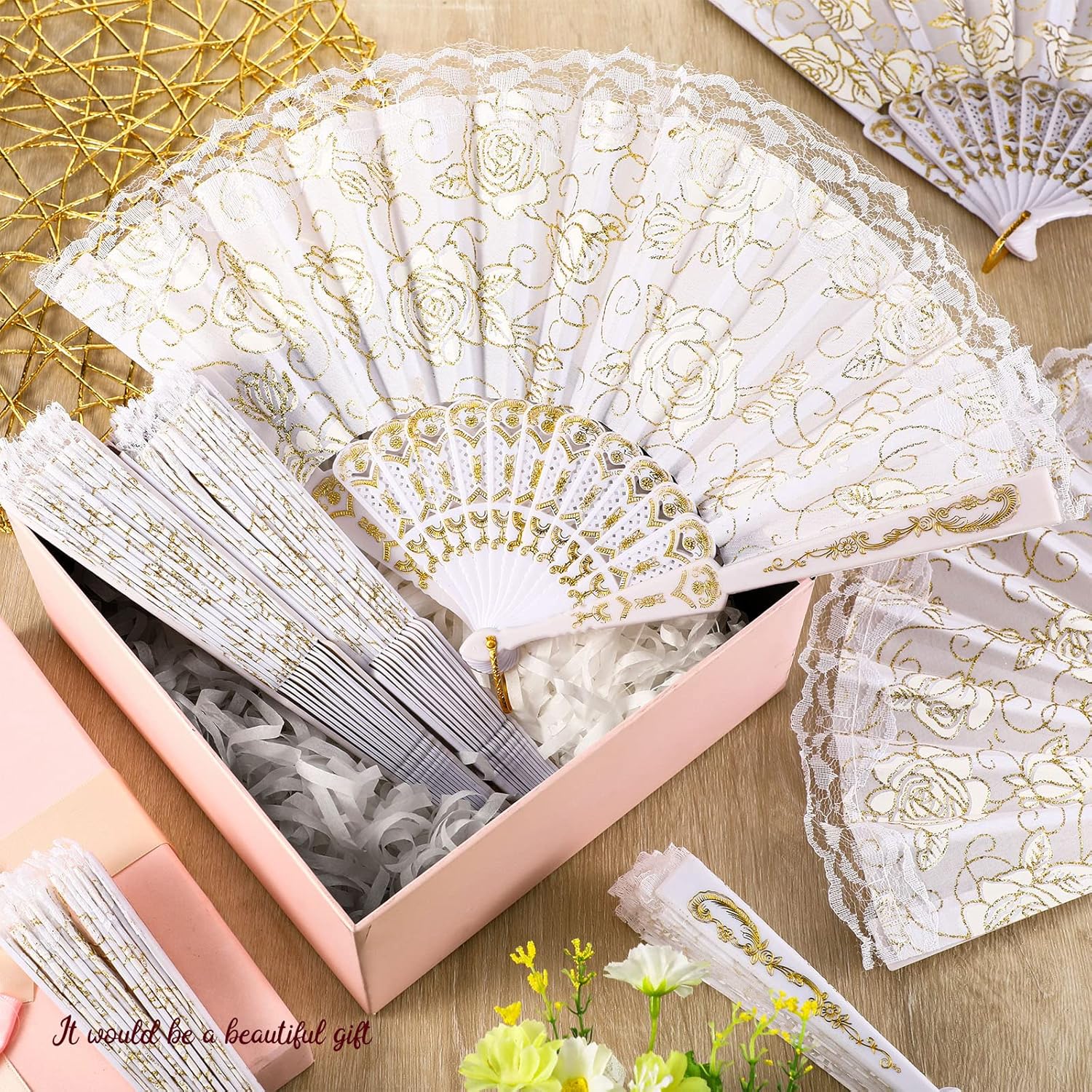 48 Pieces Rose Lace Floral Hand Fans Retro Elegant Chinese Folding Fan White Vintage Bridal Handheld Dancing Fan Props for Wedding Party Church Ladies Favors (Gold)