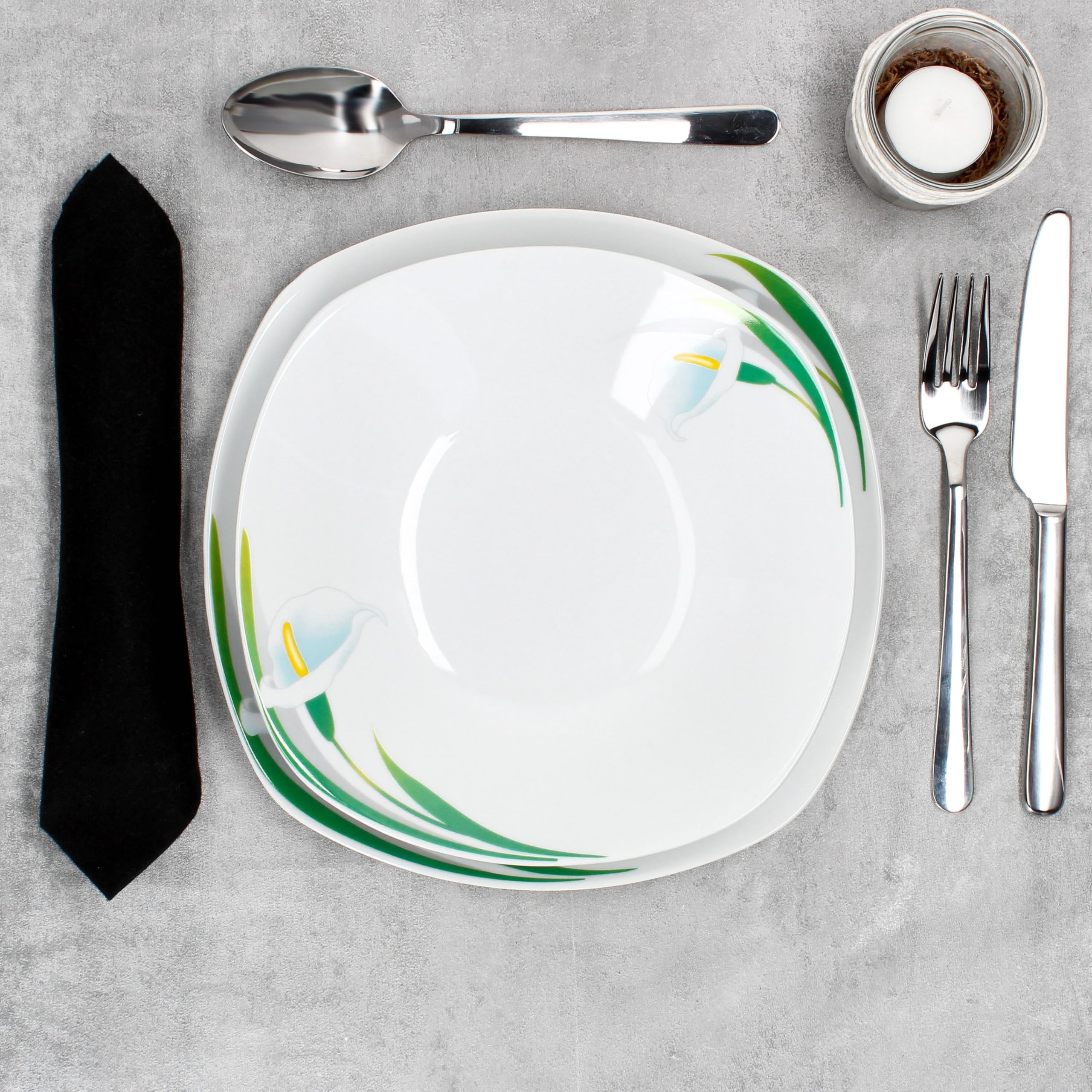 Lot De 6 Assiettes Plates En Porcelaine White Calla - Décor Floral élégant - 24.5x24.5 Cm - Lave-vaisselle Et Micro-ondes