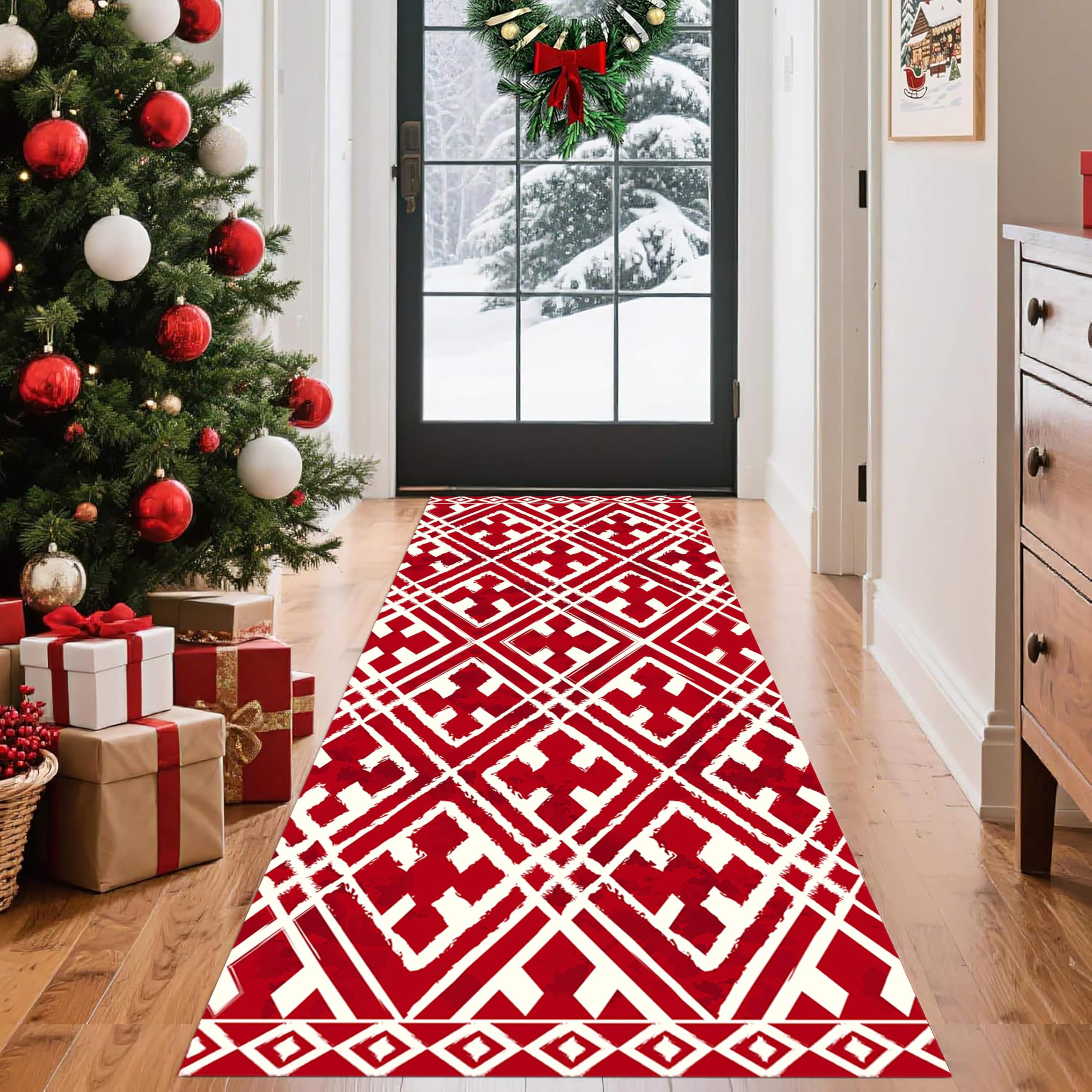 MUOUCTE Geometric Long Carpet Runners, 80x220cm, Modern Minimalist White Checkered Red Runner Rug, Entrance Non Slip Sturdy Breathable Xmas Decor Door Mat for Bedroom Kitchen Office