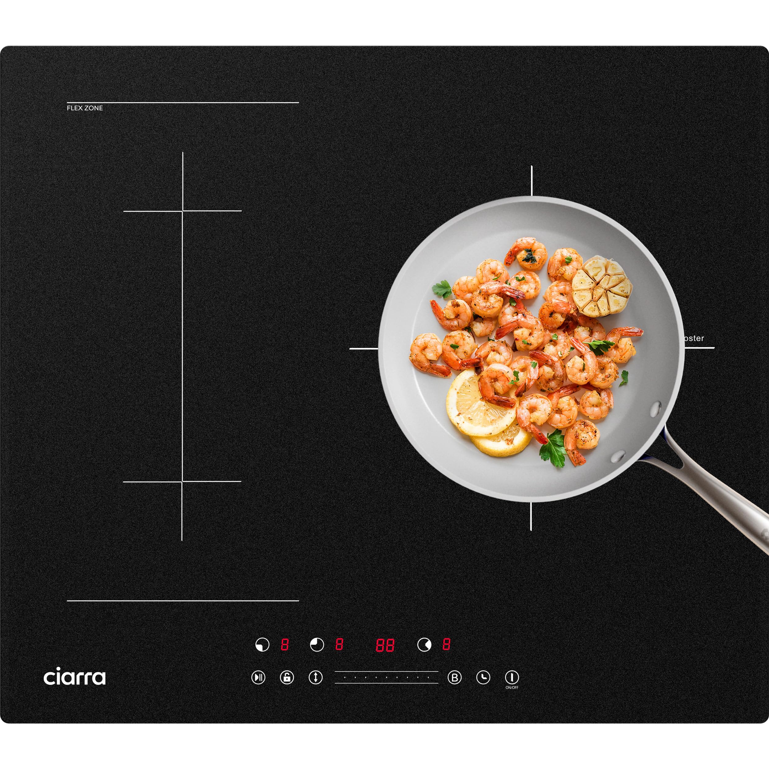 Ciarra Placa de Inducción 3 Zonas Flexible 2 en 1, 60 cm, 6600W | Boost, Función Pausa, Control Táctil Slider, Temporizador, Bloqueo Infantil, Detector de Recipientes