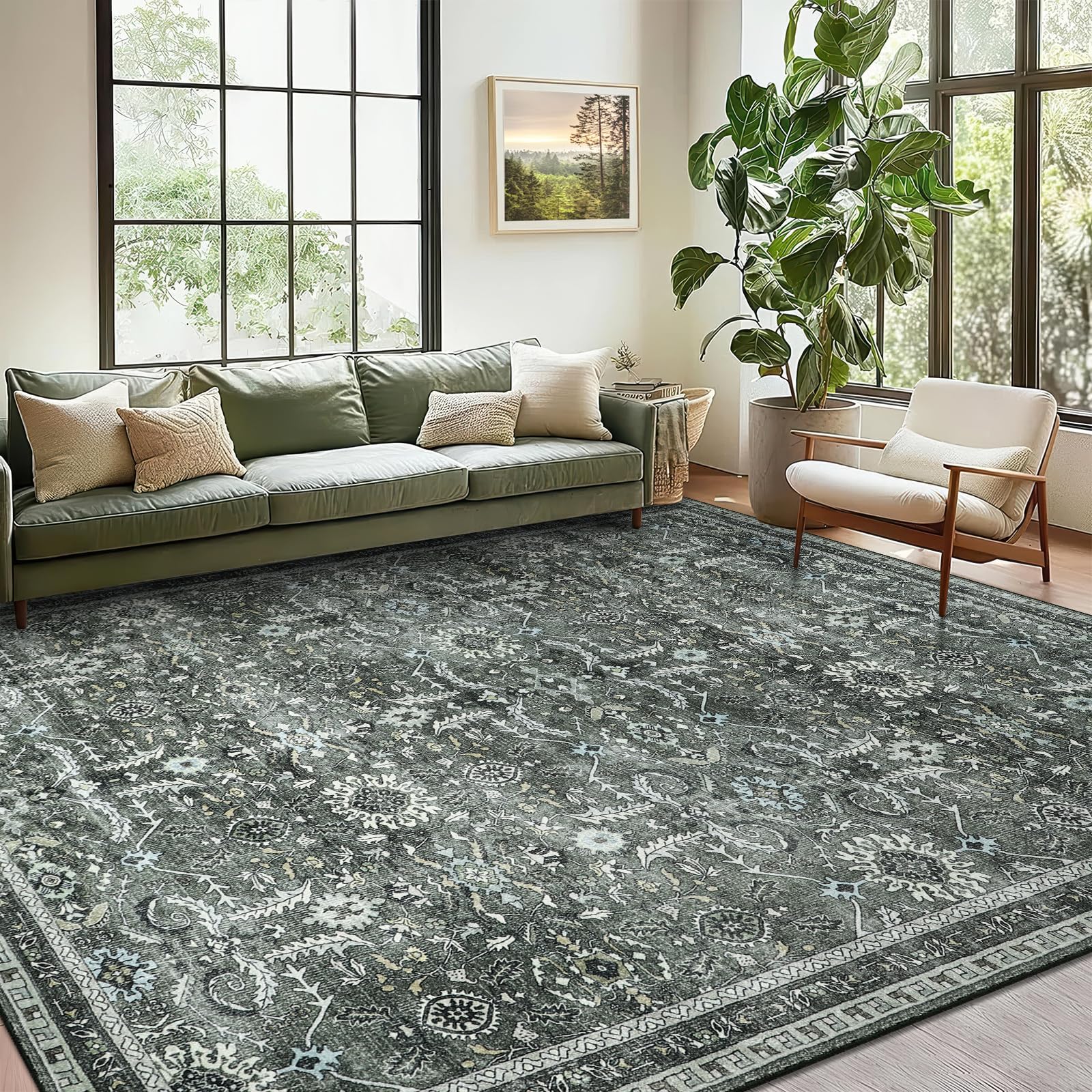 IMIYOKU Washable Rugs Living Room Large 160x230cm, Boho Vintage Living Room Rug Carpet with Non-Slip Backing, Soft Low Pile Green Area Rugs for Bedroom Dining Room Kitchen Office — image 1