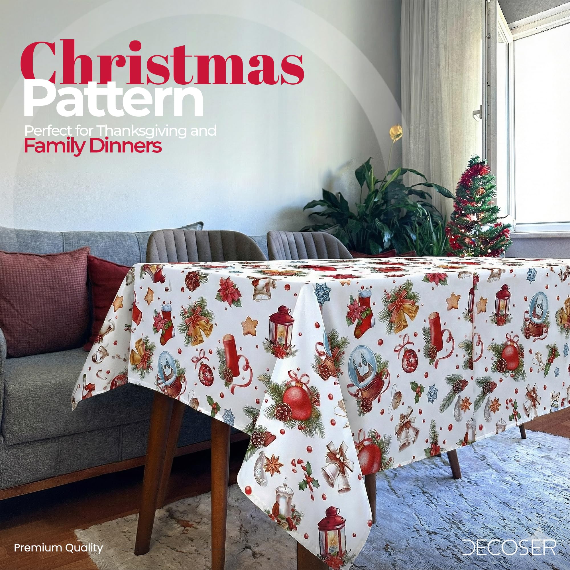 Mantel de Navidad - Cubre Mesa Navideño con Reverso de Franela, Antimanchas, Fácil de Limpiar, Mantel Rectangular Impermeable para Navidad (Fiesta, 140x140)
