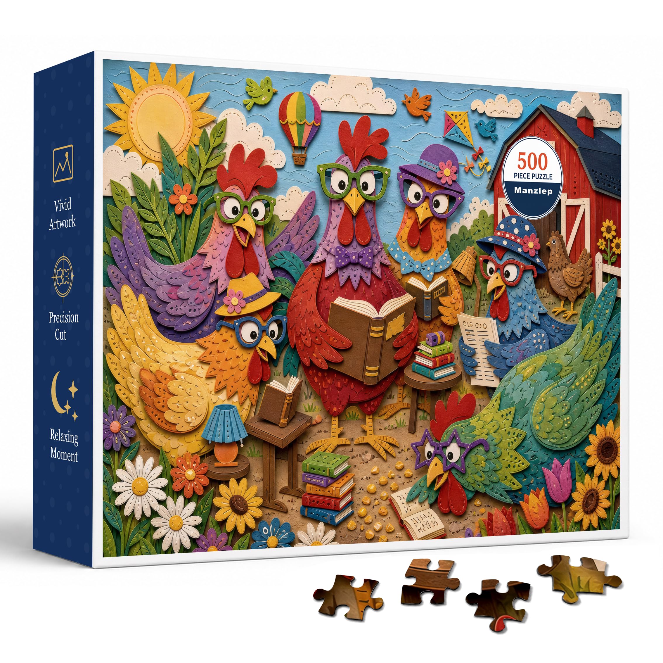 Chicken Reading Club 500 Piece Jigsaw Puzzle for Adults & Teens, Colorful Farmyard Birds in Glasses with Books, Red Barn, Flowers, Sunshine, and Paper Craft Texture, 20.5 x 15 in with A4 Color Poster
