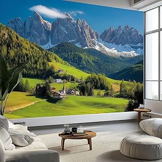 Papier peint intissé Montagnes Enneigées Forêt Village, fresque murale design Paysage Naturel pour chambre et bureau - Papier peint panoramique facile à poser - murale amovible, 300 x 210 cm
