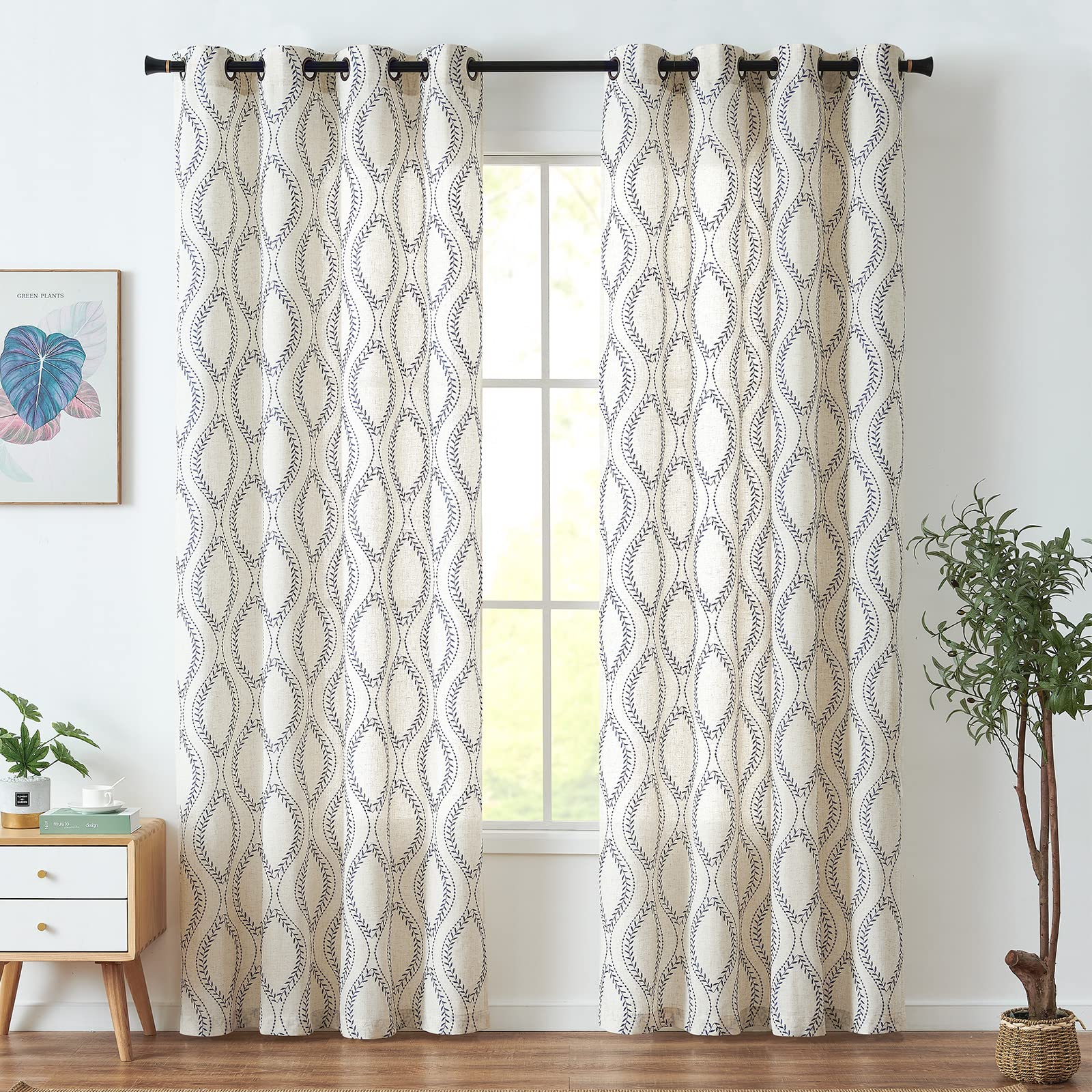 jinchan Linen Curtains Beige Farmhouse Curtains 84 Inches Long Blue Embroidered Leaf Curtains for Living Room Ogee Geometry Drapes Light Filtering Grommet Country Curtain 2 Panels Blue on Flax