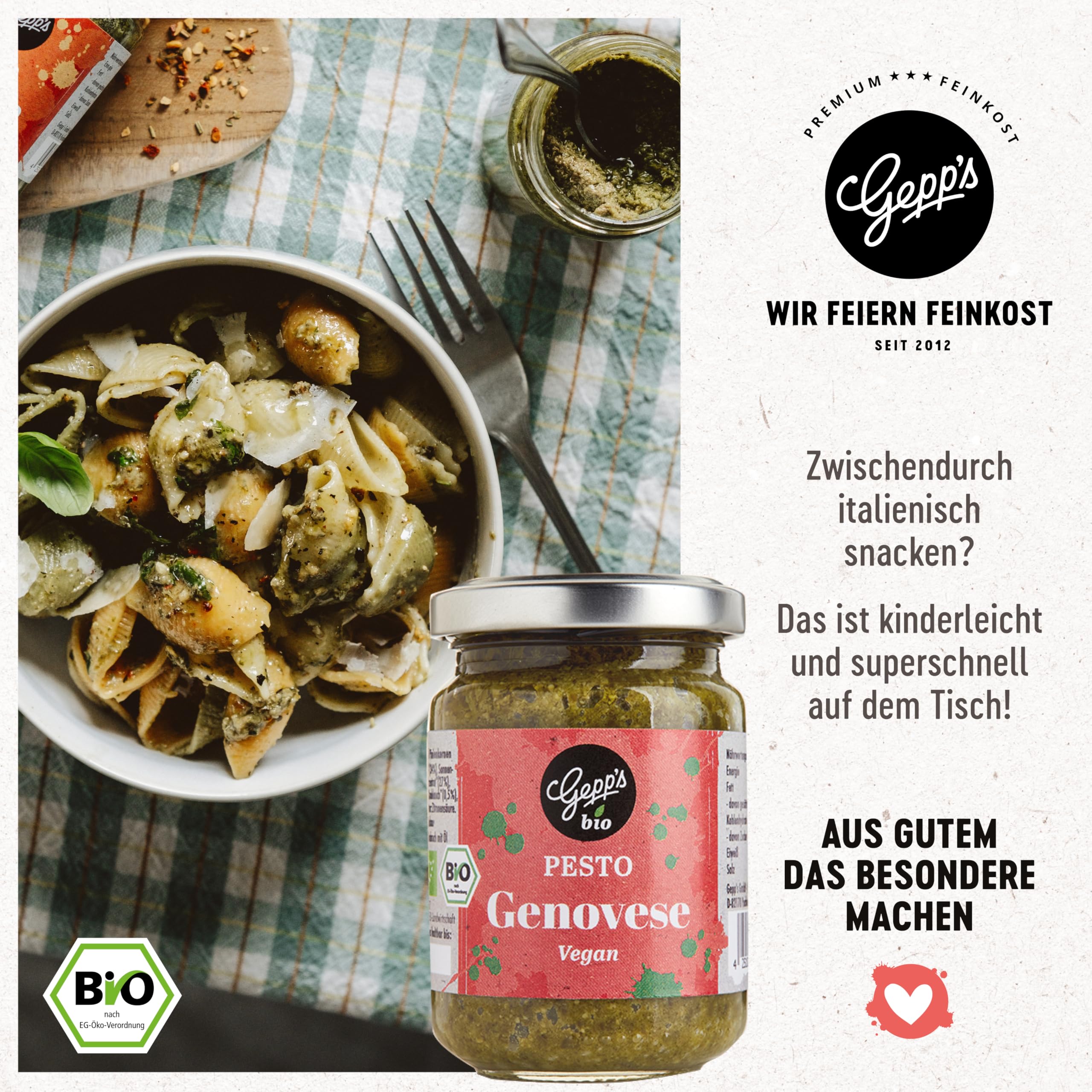 Gepp’s Feinkost Vegan Must-Have Köstliche Variationen an veganen Delikatessen Pasta Bio Pesto Gewürzmischungen Nussöl Aperitif-Essig Fruchtaufstrich