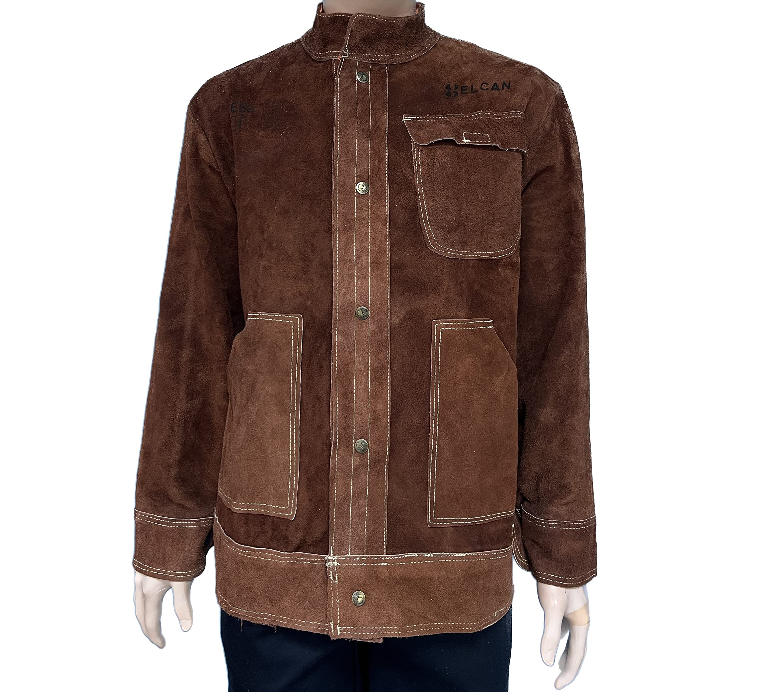 ELCAN Chaqueta de soldadura profesional de cuero marron ignífugo resistente al calor, ropa de trabajo para soldar electrodo, TIG, MIG, MAG, barbacoas, jardinería, chimeneas, hornos… (Talla XL)