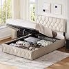 Ottoman Double Bed Frame, 4ft6 Upholstered Storage Bed with Slats and Headboard, Velvet Fabric,Without Mattress Cream, 135 x 190 cm