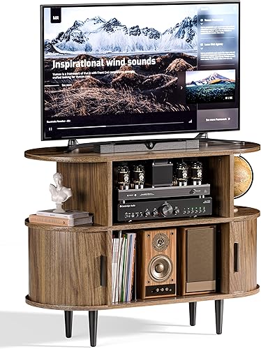 Miniatura 9 de Soporte de TV pequeño estriado de 35.4 pulgadas, soporte de TV moderno de mediados de siglo para dormitorio, centro de entretenimiento de TV con