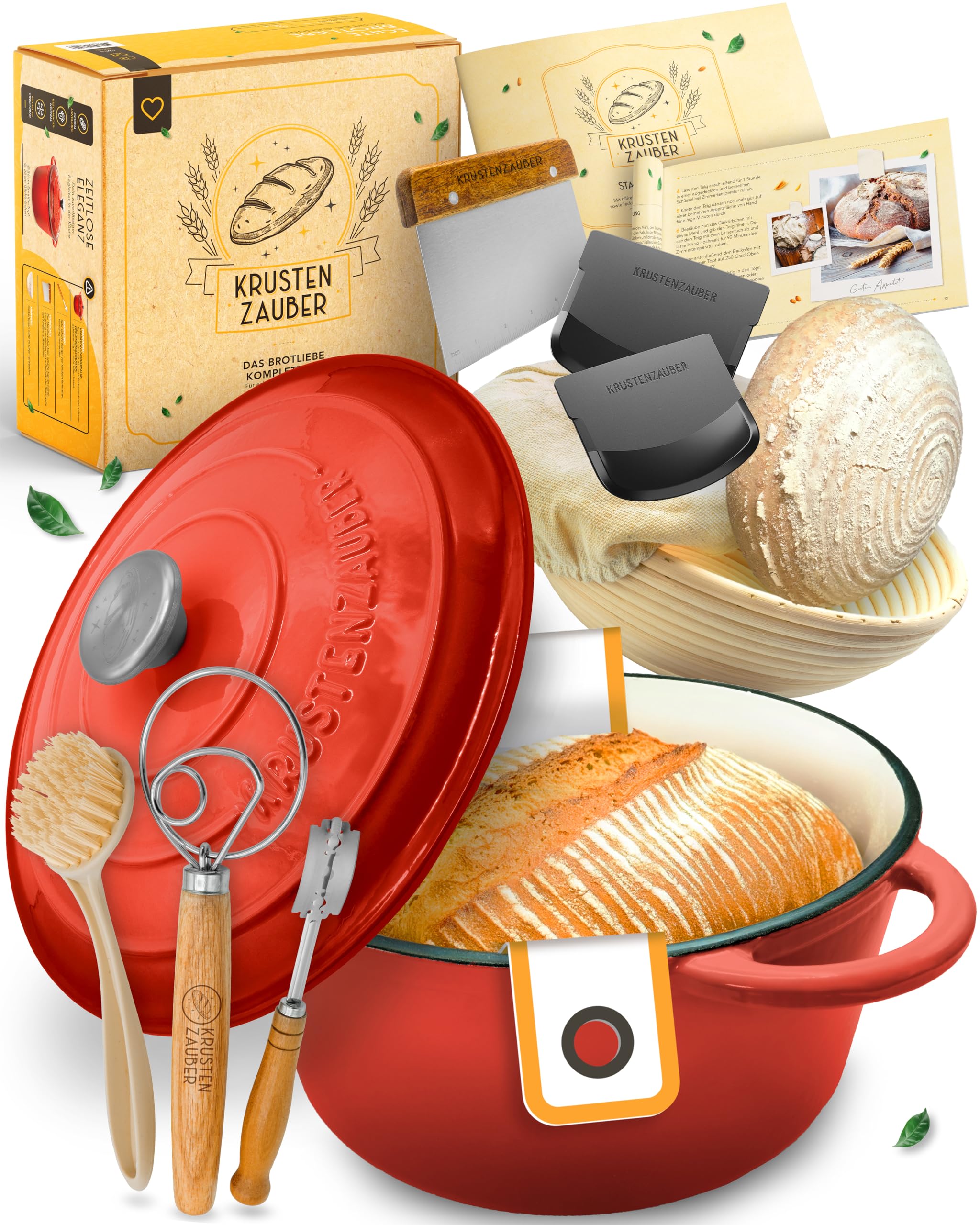 KRUSTENZAUBER Gusseisen Topf Brot Backen emailliert im XXL Set - Brotbackform mit Deckel inkl Gärkorb, Schneebesen, Bäckermesser, Teigschaber, Brotschlinge etc. Perfektes Brotbacktopf Set für Anfänger