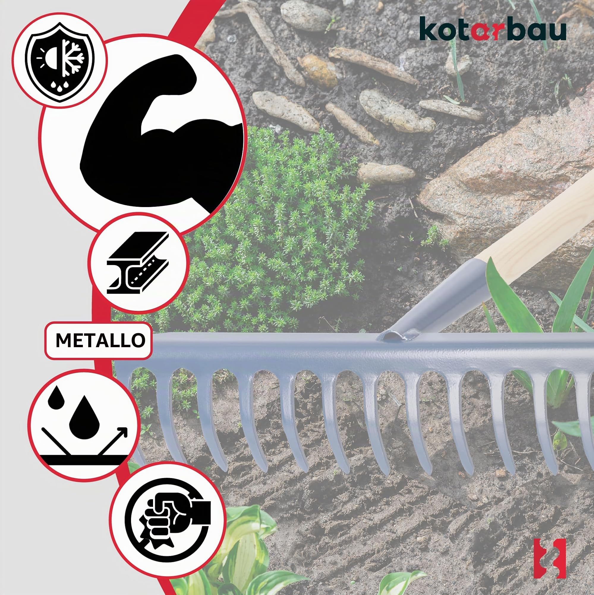 KOTARBAU® Rastrello per Foglie - Rastrello Giardino - Acciaio - 36 cm - Blu Scuro - 14 Denti - con Manico in Legno 136 cm - per Erba