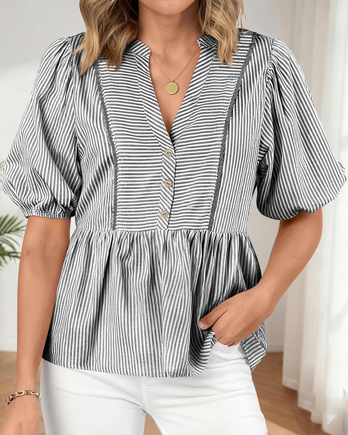 dowerme Womens Summer Tops 2026 Fashion Lantern Short Sleeve V Neck Button Peplum Shirts Spring Stripes Babydoll Blouses - Image 4