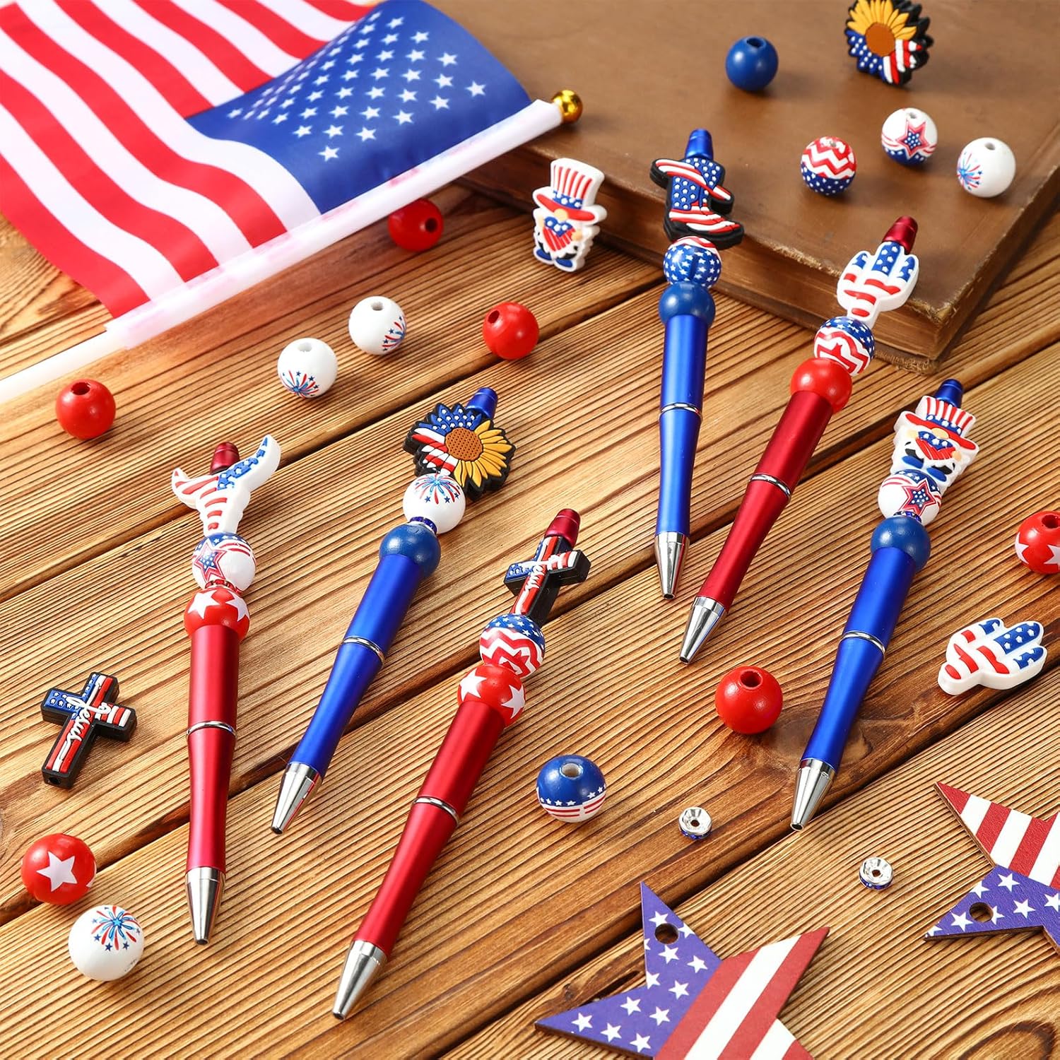 Ctosree Beadable Pens Beadable Pens Bulk Terror Ballpoint Pen Black Ink Ghost Fun Pen for Terror Theme Party Supplies for Stocking Stuffer Party Favor(4th of July)