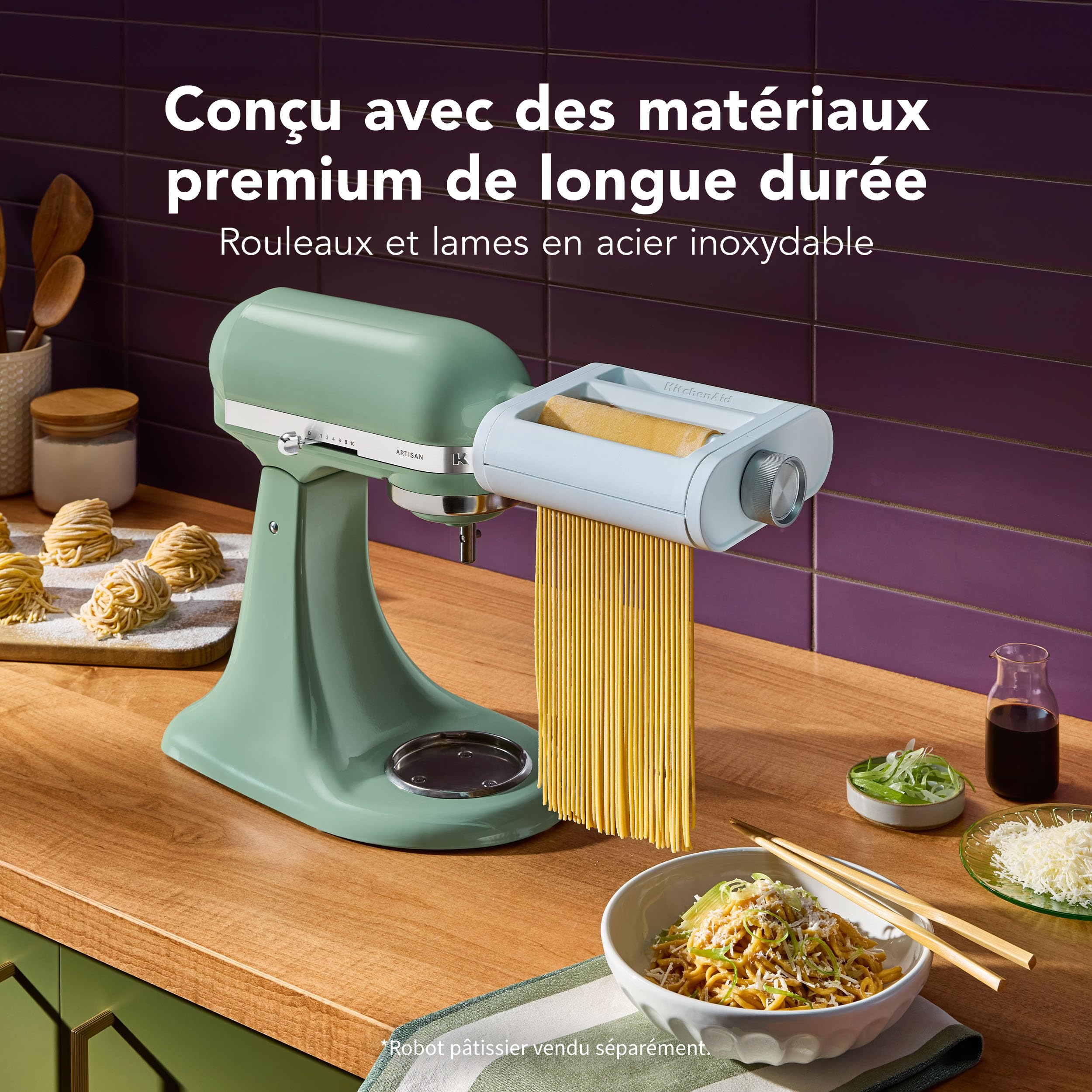 KitchenAid Accessoire Pâtes 3-en-1 Plastique, Laminoir, Coupe-Spaghetti et Coupe-Fettuccine, Compatible Robots KitchenAid, Plastique