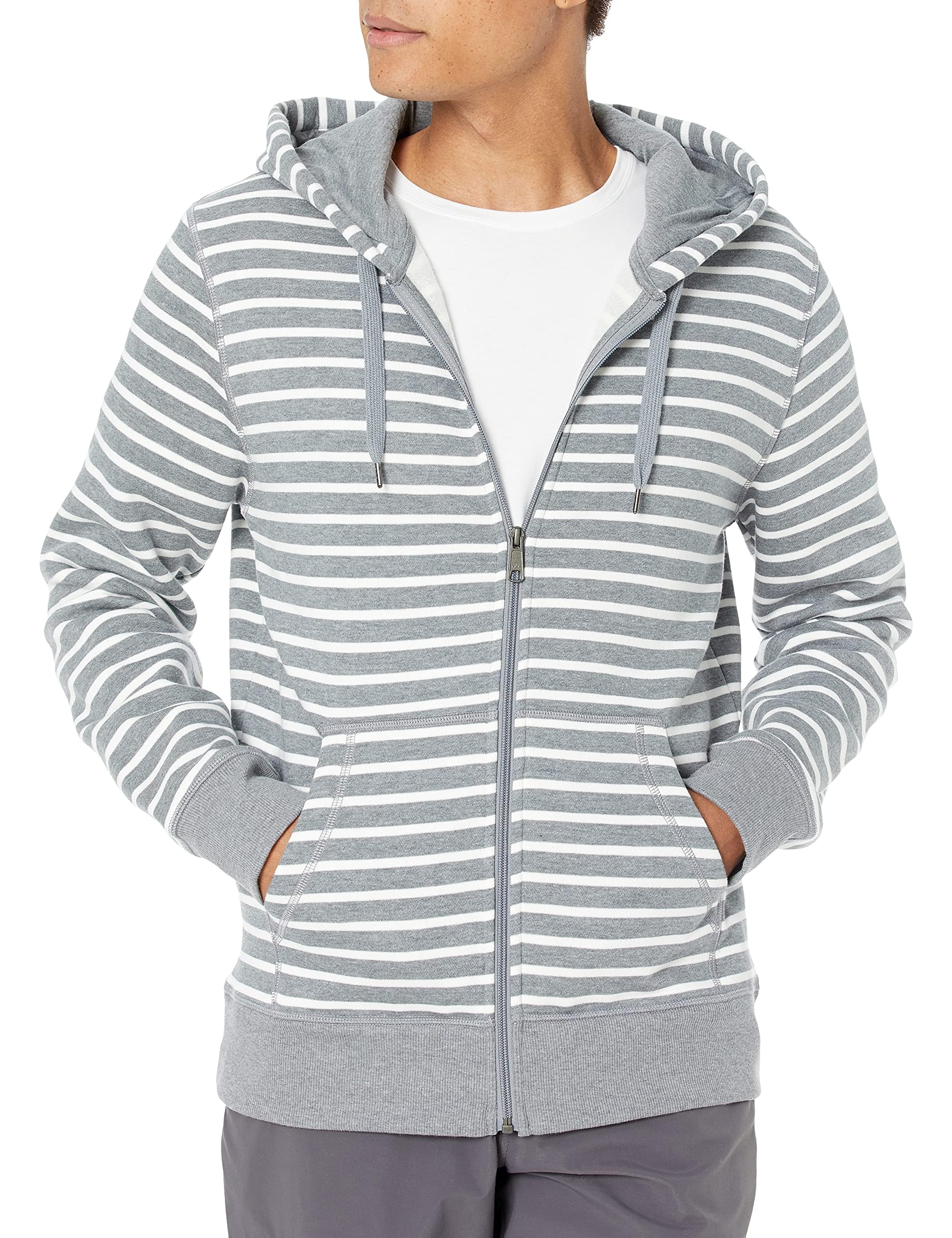 Amazon Essentials Herren Fleece-Kapuzenpulli mit durchgehendem Reißverschluss (erhältlich in den Größen Big & Tall), Grau Meliert Streifen, M