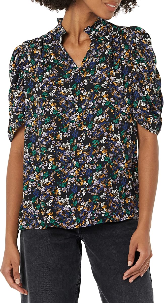 Amazon Essentials Women's Lightweight Georgette Half-Sleeve Ruffle Neck V-Neck Relaxed Fit Woven Blouse