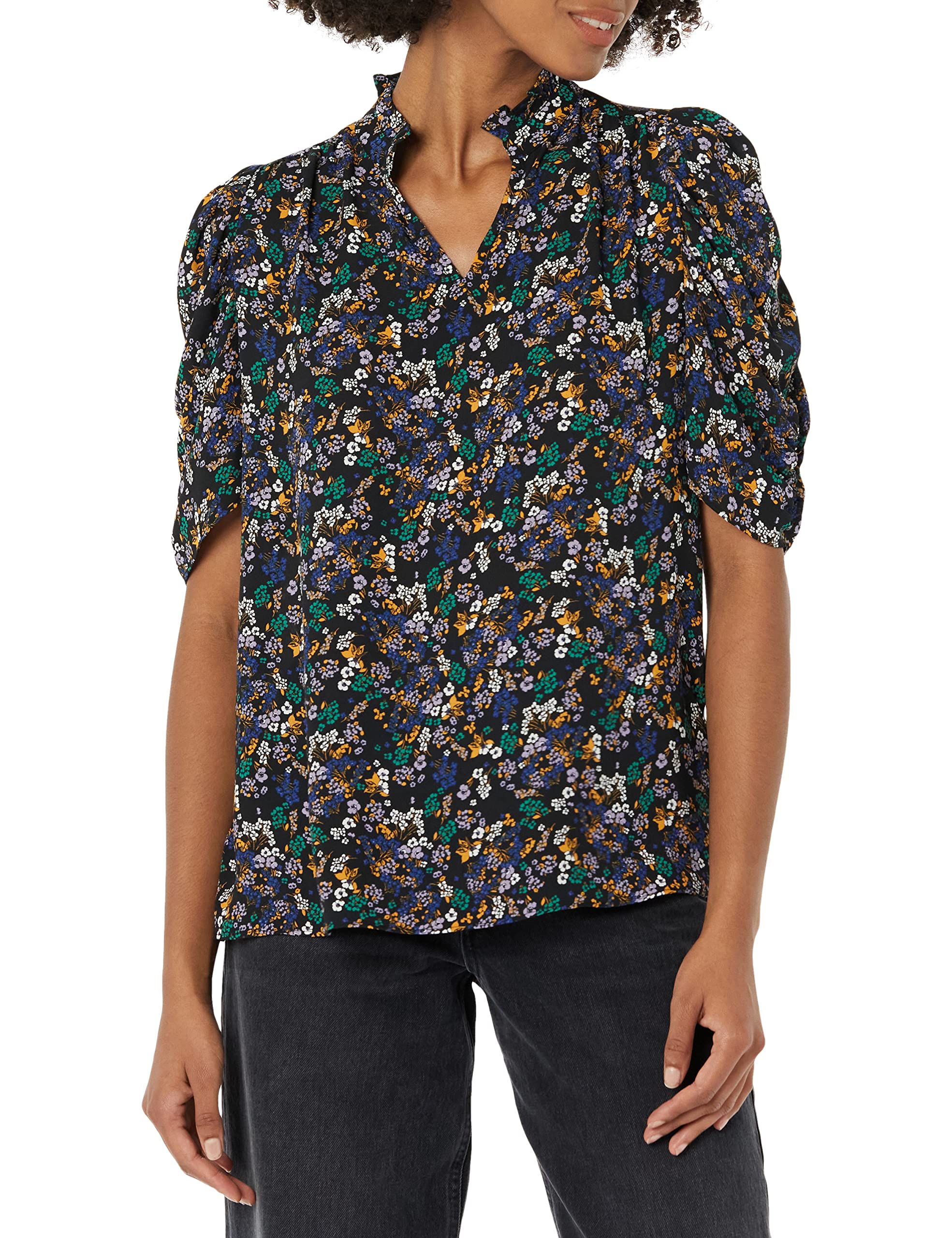 Amazon Essentials Women's Lightweight Georgette Half-Sleeve Ruffle Neck V-Neck Relaxed Fit Woven Blouse, Black Ditsy Floral, X-Large