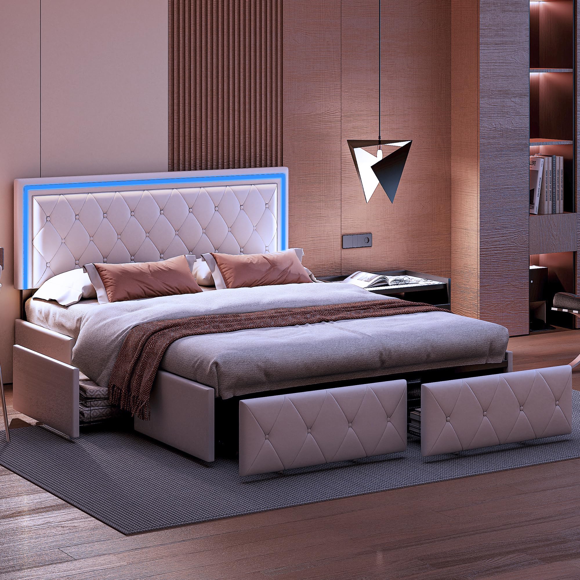 Cama Acolchada de Matrimonio con 4 cajones y LED, Estructura de Cama de Matrimonio, Plataforma de Poliuretano con somier de láminas de Madera, sin colchón (Beige, 140x200cm)