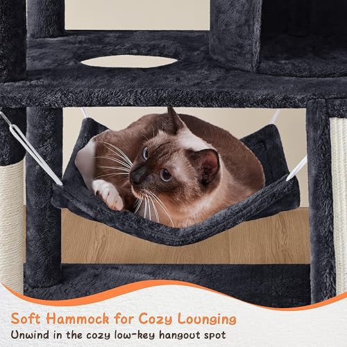 Miniatura 7 de Yaheetech Torre de árbol para gatos de varios niveles de 63.5 pulgadas con postes rascadores, plataforma y hamaca, centro de actividades para gatos,