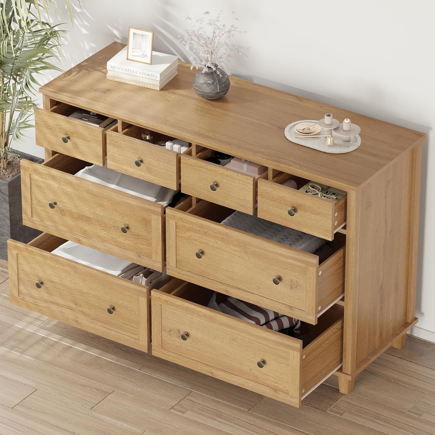 Dresser for Bedroom 8 Drawer Wood Dresser 56.3" Wide, Large Storage Chest of Drawers for Bedroom, Living Room, Hallway, Entryway, Modern TV Stand Drawer Organizer, Natural