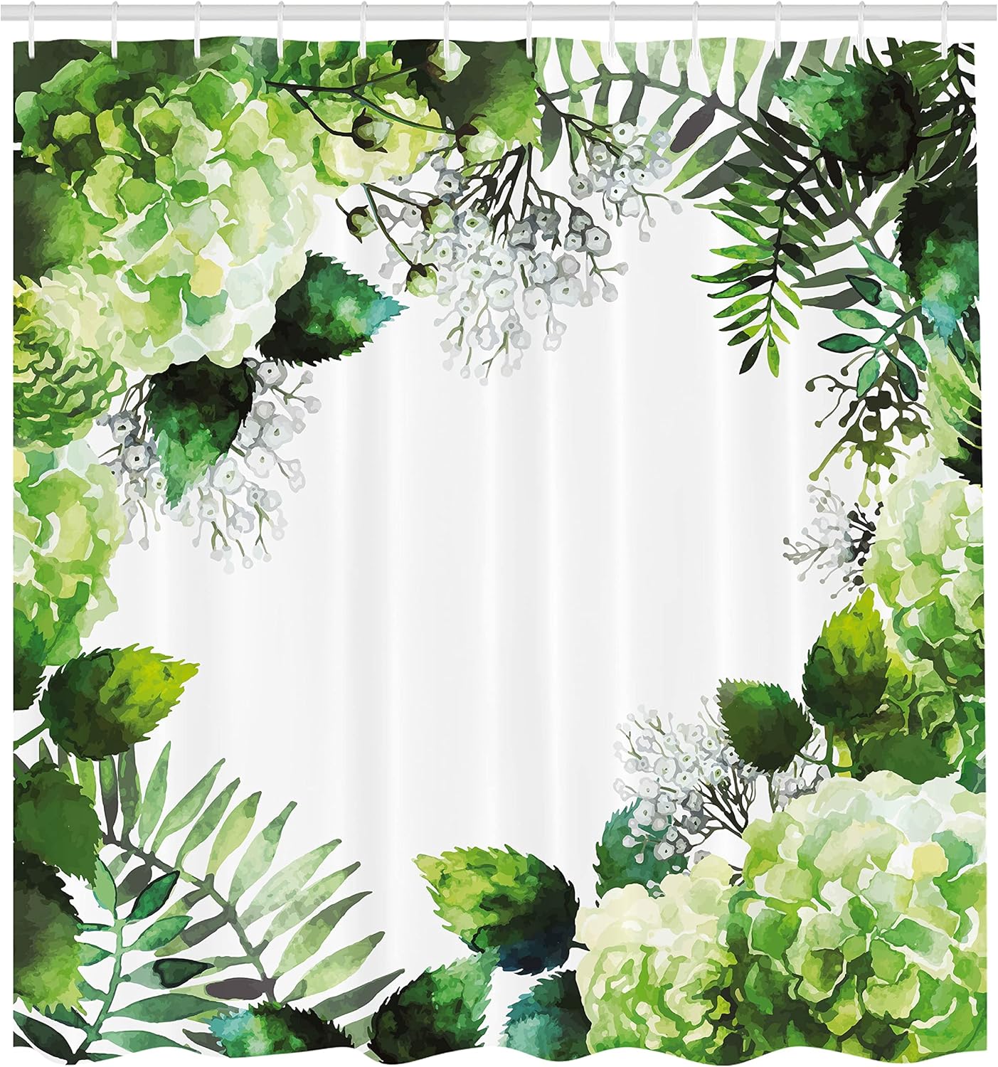 Ambesonne Nature Shower Curtain, Hydrangea Flowers Foliage Leaves Fern Tropical Plants Watercolor Artwork, Cloth Fabric Bathroom Decor Set with Hooks, 69" W x 84" L, Fern Green